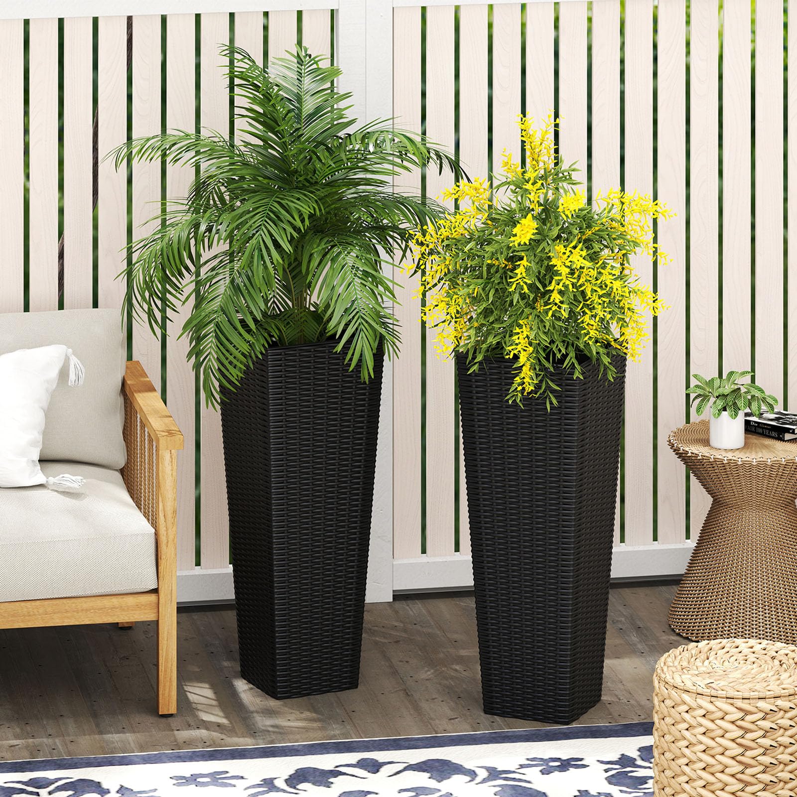 RELAX4LIFE 2er Set Pflanzkübel, 82 cm / 60 cm hoch, Rattan Blumentopf wetterfest, Pflanzentopf mit Entwässerungslöchern, Übertopf für Garten, Balkon und Veranda (Schwarz)