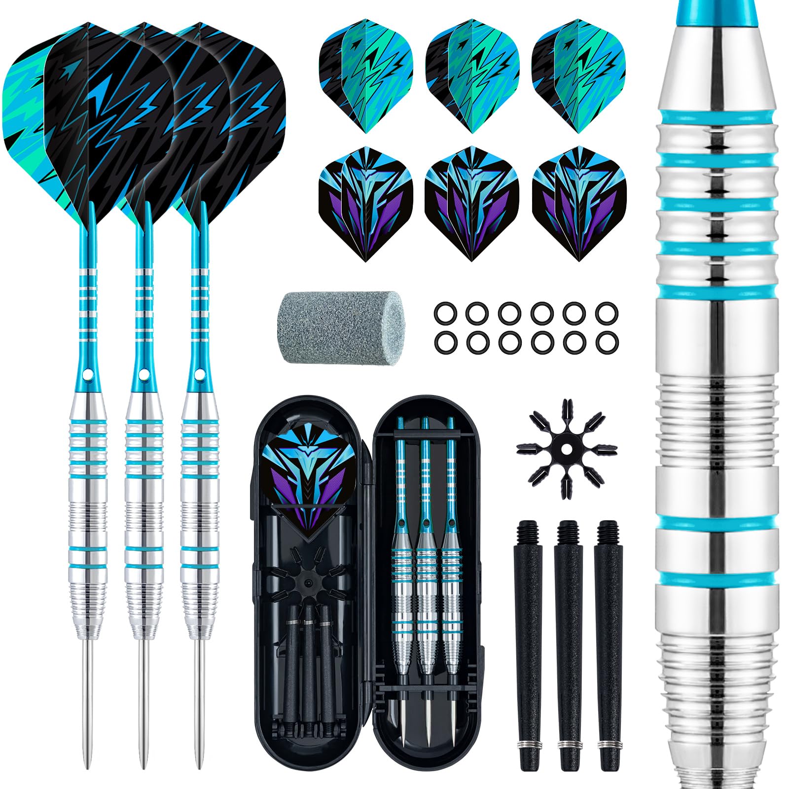 XAWU 3er-Pack 24 g Dartpfeile mit Stahlspitze, 6 Flights, 3 Aluminiumschäften, Spitzer & Dart-Etui, ideal für Anfänger und Fortgeschrittene, Mondlichtblau