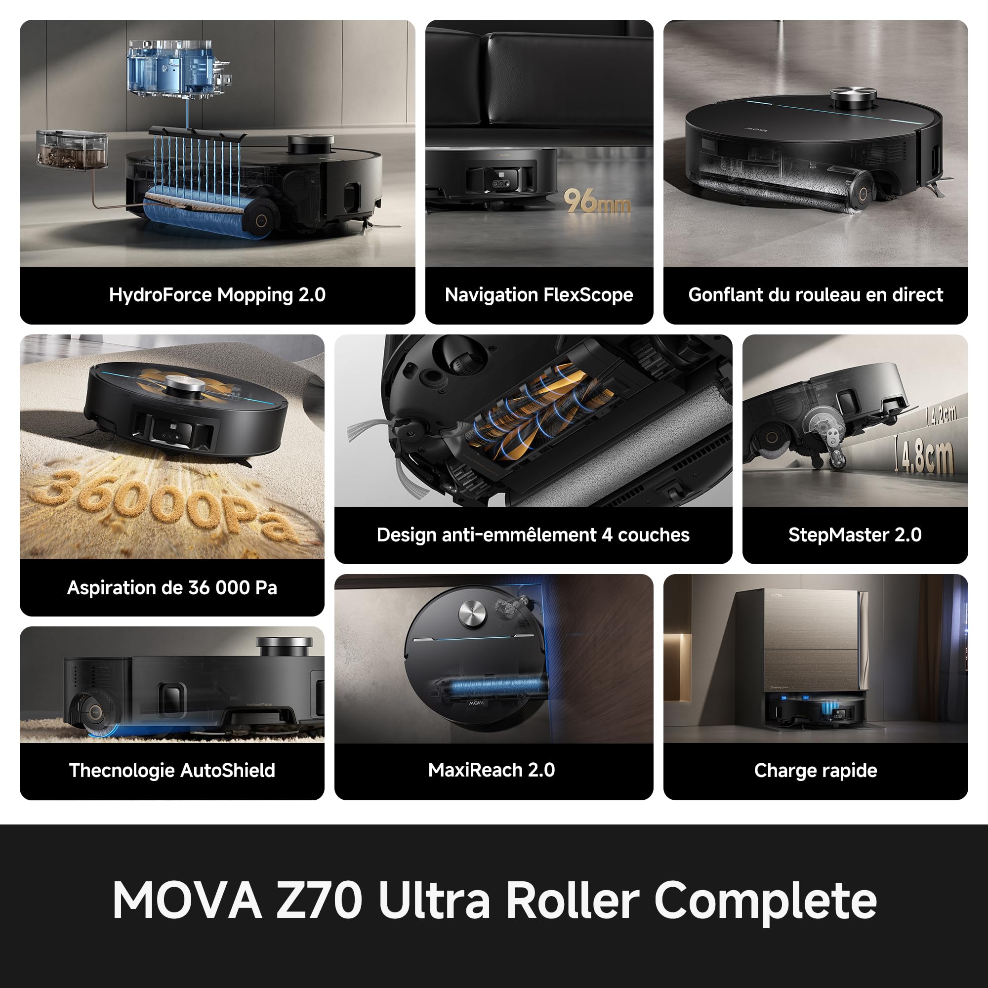 MOVA Z70 Ultra Roller Complete Robot Vacuum Cleaner, HydroForce 2.0 18 N, 36 000 Pa, odporny na plątanie, przedłużanie szczotki i wałka, przeszkoda do 9 cm, technologia AutoShield, mycie mopa w