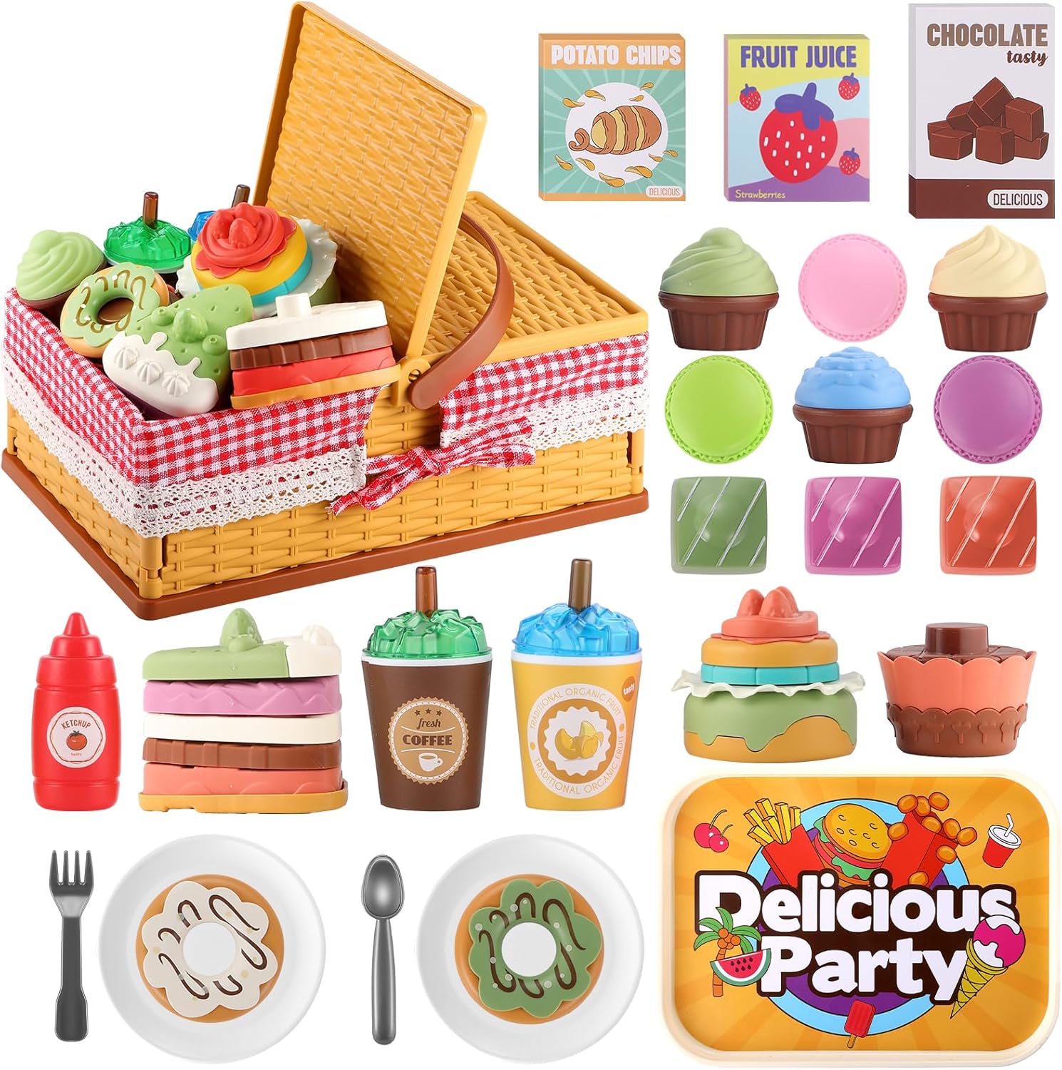 GAGAKU 54PCS Picnic Basket Toy Kids Picnic Toy Set Play