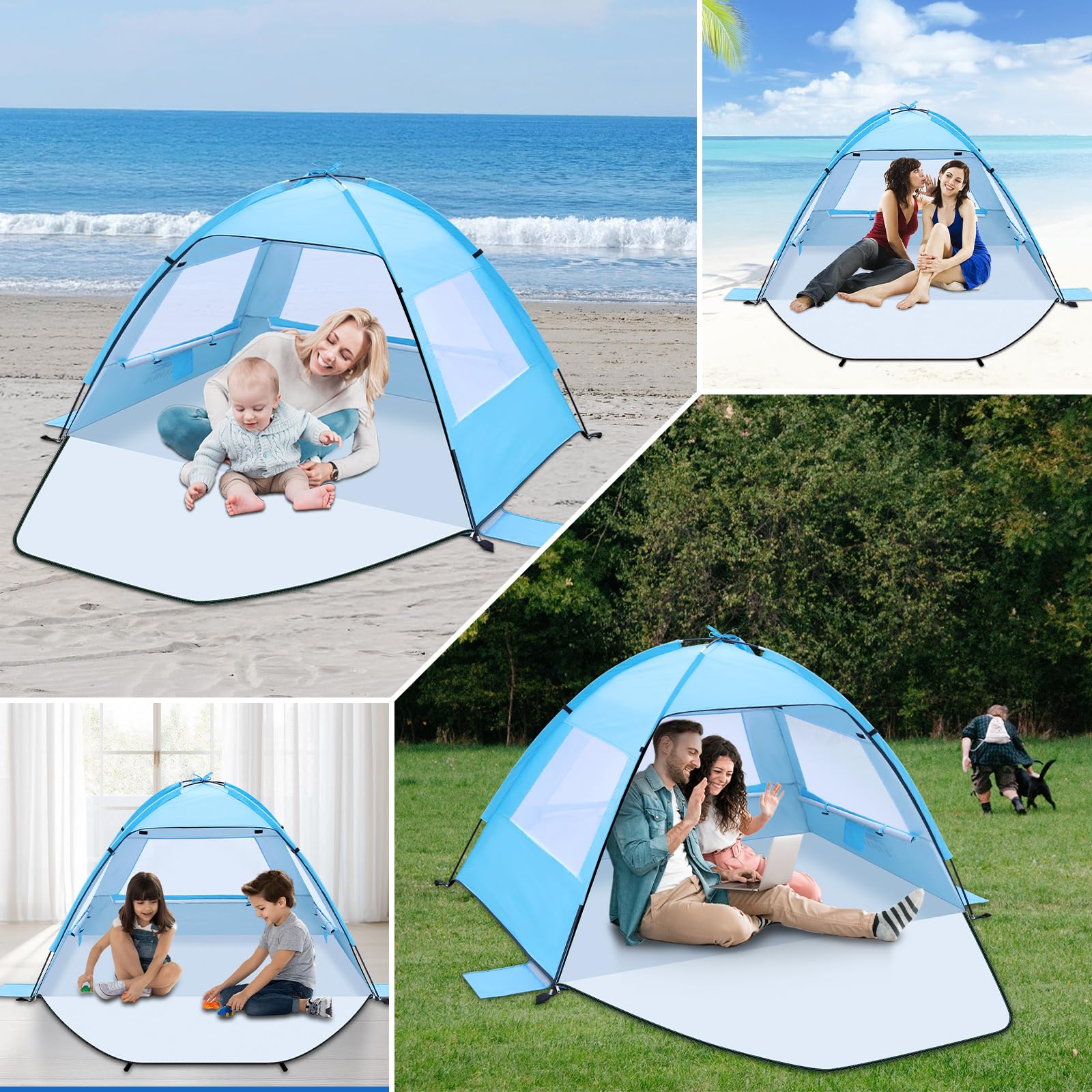 Strandmuschel für 1-3 Personen, Strandzelt mit UV-Schutz 50+ Windschutz, Stabiles Sonnenschutz Strand Zelt, Beach Tent with Carry Bag mit kleines Packmaß für Baby Kinder Familie Camping Garten Strand