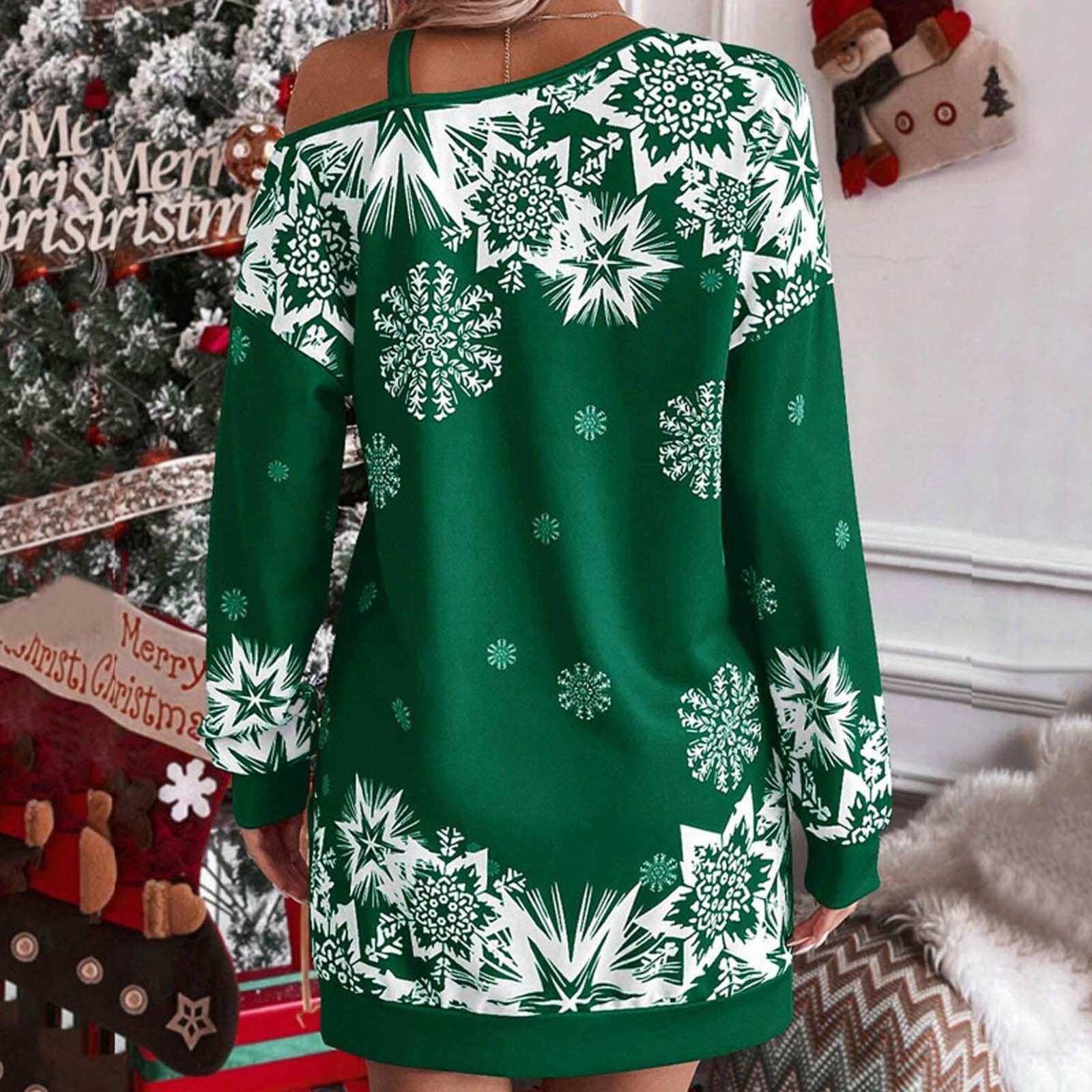 Générique Abito di Natale stampato fiocco di neve spalle scoperte taglio casual per donna elegante abito autunno inverno perfetto festa