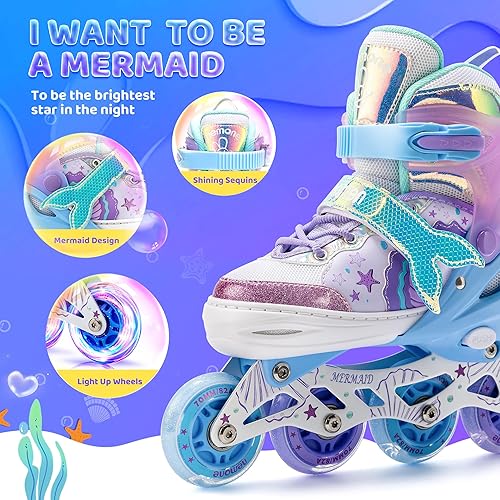 Miniatura 3 de NEMONE Patines en línea estilo sirena, patines ajustables en 4 tallas para niñas y niños con ruedas iluminadas, para principiantes, uso en