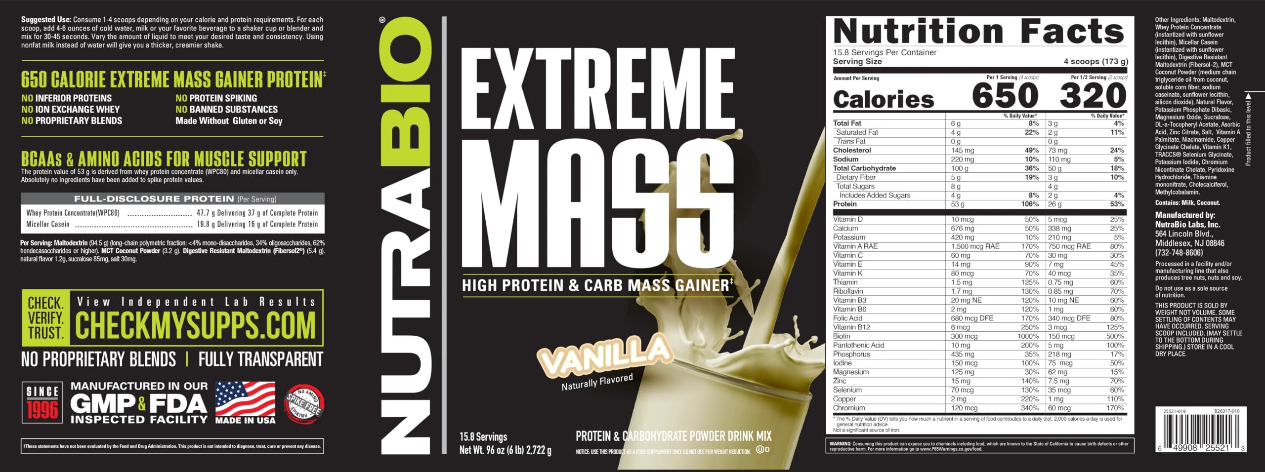 NutraBio Extreme Mass Gainer Protein Powder, 53G Protein, Clean Weight Gainer, Increase Muscle Mass, Full Spectrum Amino Acid - Vanilla, 6 Pound — Amazon image 8