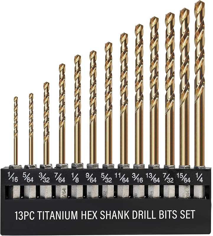13 PCS Titanium Coated Hex Shank Drill Bit Set, HSS Twist Drill Bit Sets, Impact Driver Drill Bits for Wood, Steel, Metal, Plastic, Quick Change Design (1/16-1/4)