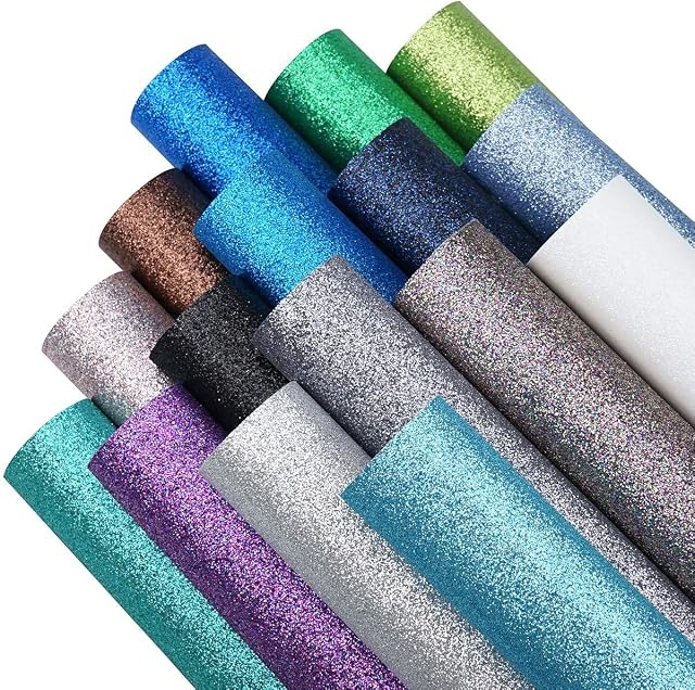 16 Colors 8X12 Inches Cool Color Series Glitter Faux Lather Sheets for Leather Bows, Earring, Jewelry Making, Sewing, Shoe Making and Craft Making