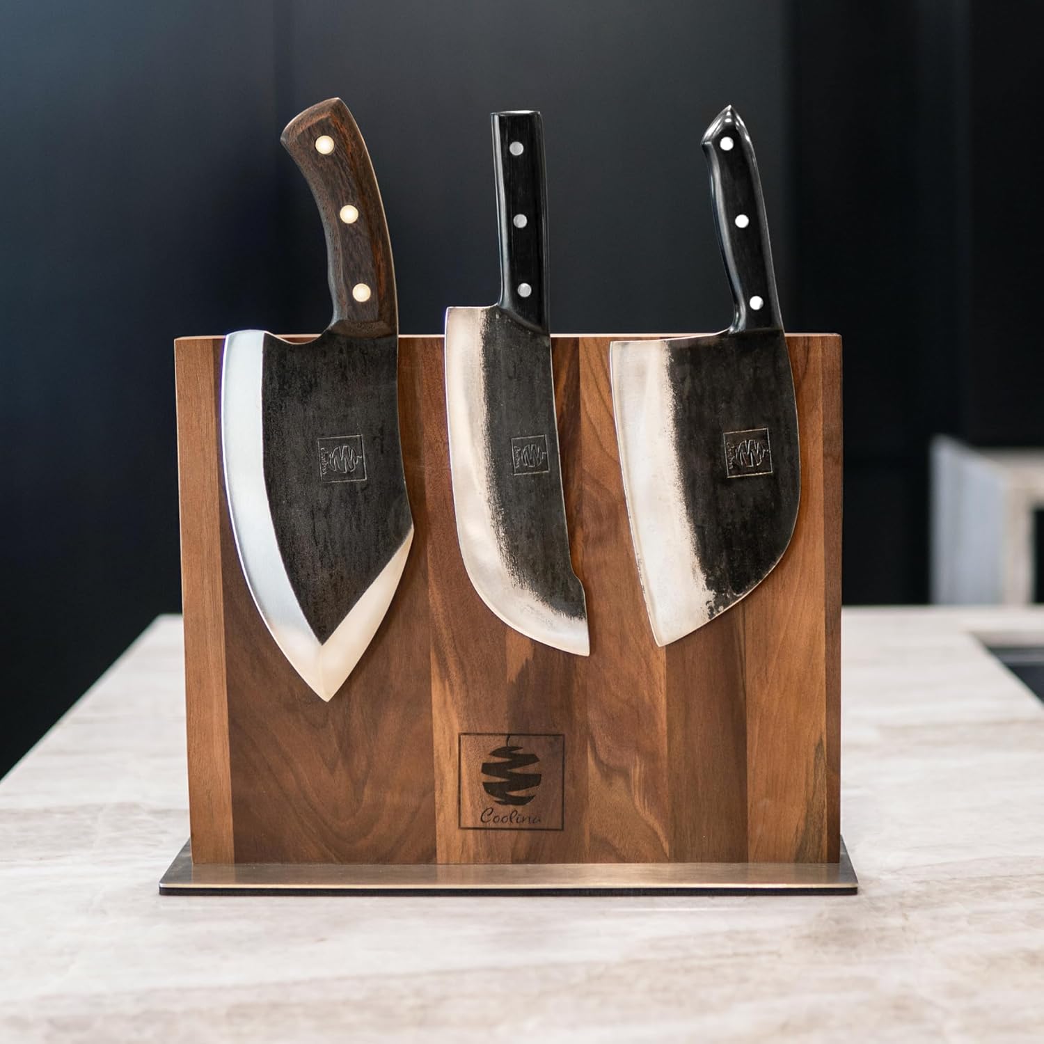 Coolina Walnut Magnetic Knife Holder, Elegant Design Knives Block Stand, Multifunctional, Double Side Magnets with Steel Base