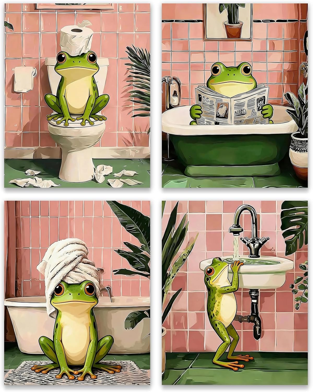 ACIYQHI Funny Frog Wall Art Prints Bathroom Pink Wall Decor,Animals Poster Washroom Aesthetics Unframed Decoration 8 * 10 Inch Set of 4