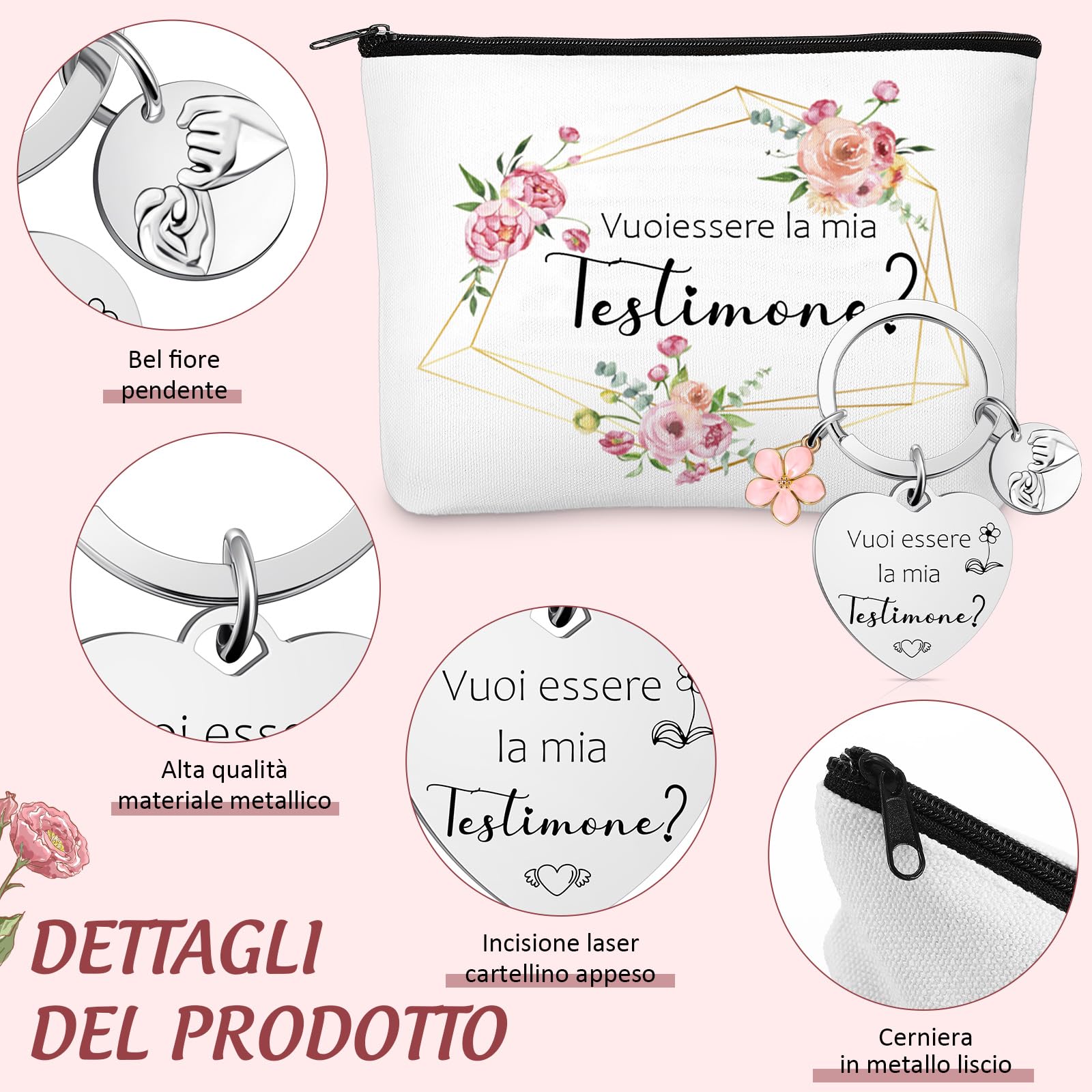 Tenare Set Regalo per Testimone di Nozze Borsa Cosmetica in Tela e Portachiavi con Scritta Vuoi Essere la Mia Testimone Regalo per Damigella d'Onore Rischiesta Proposta Testimone di Nozze