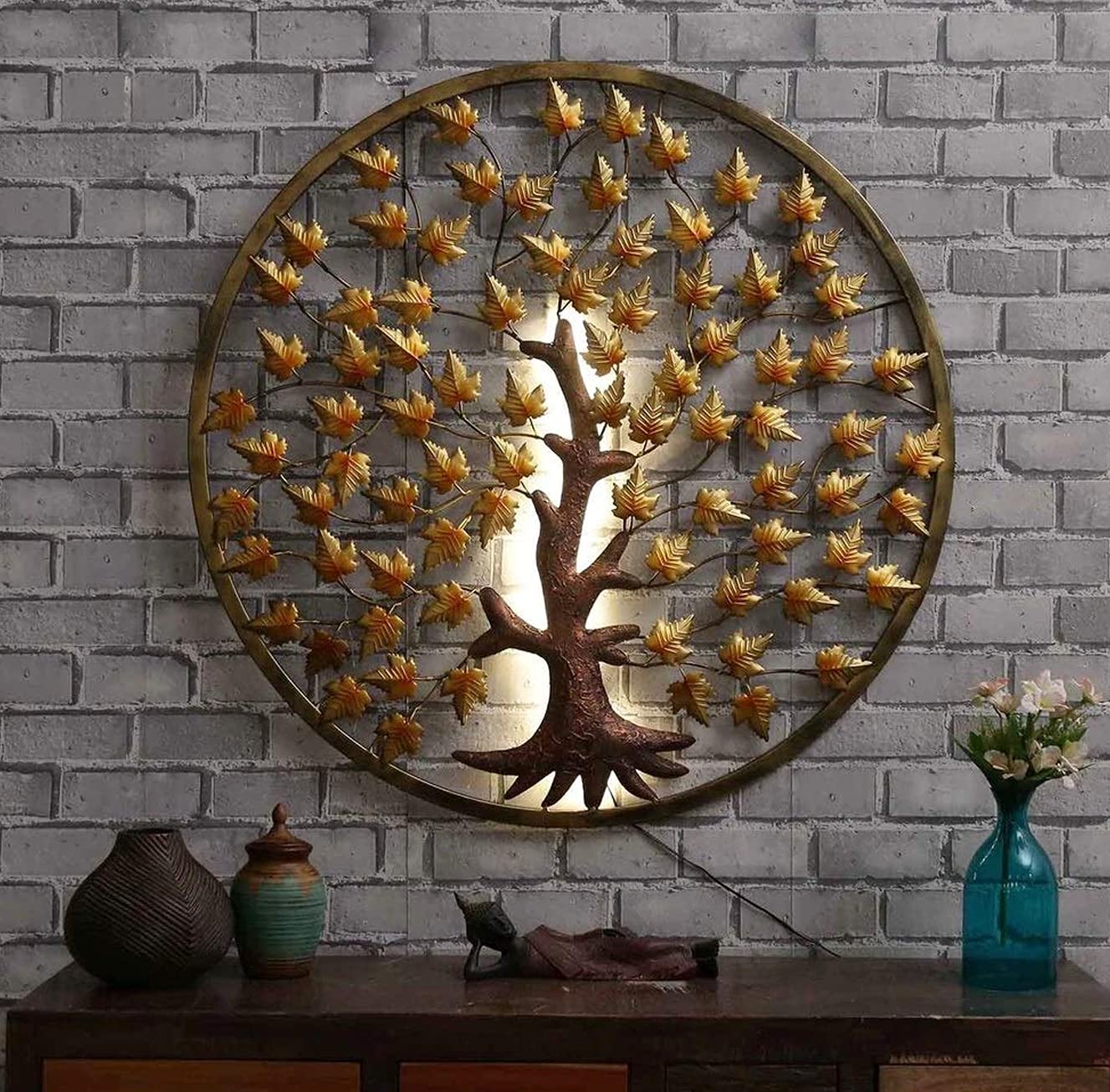 Home and Bazaar Rajasthani Ethnic Handcrafted Metal Powder Coated Decorative Round Mepal Tree Wall Art with LED (Golden, 40x2x40 Inch)