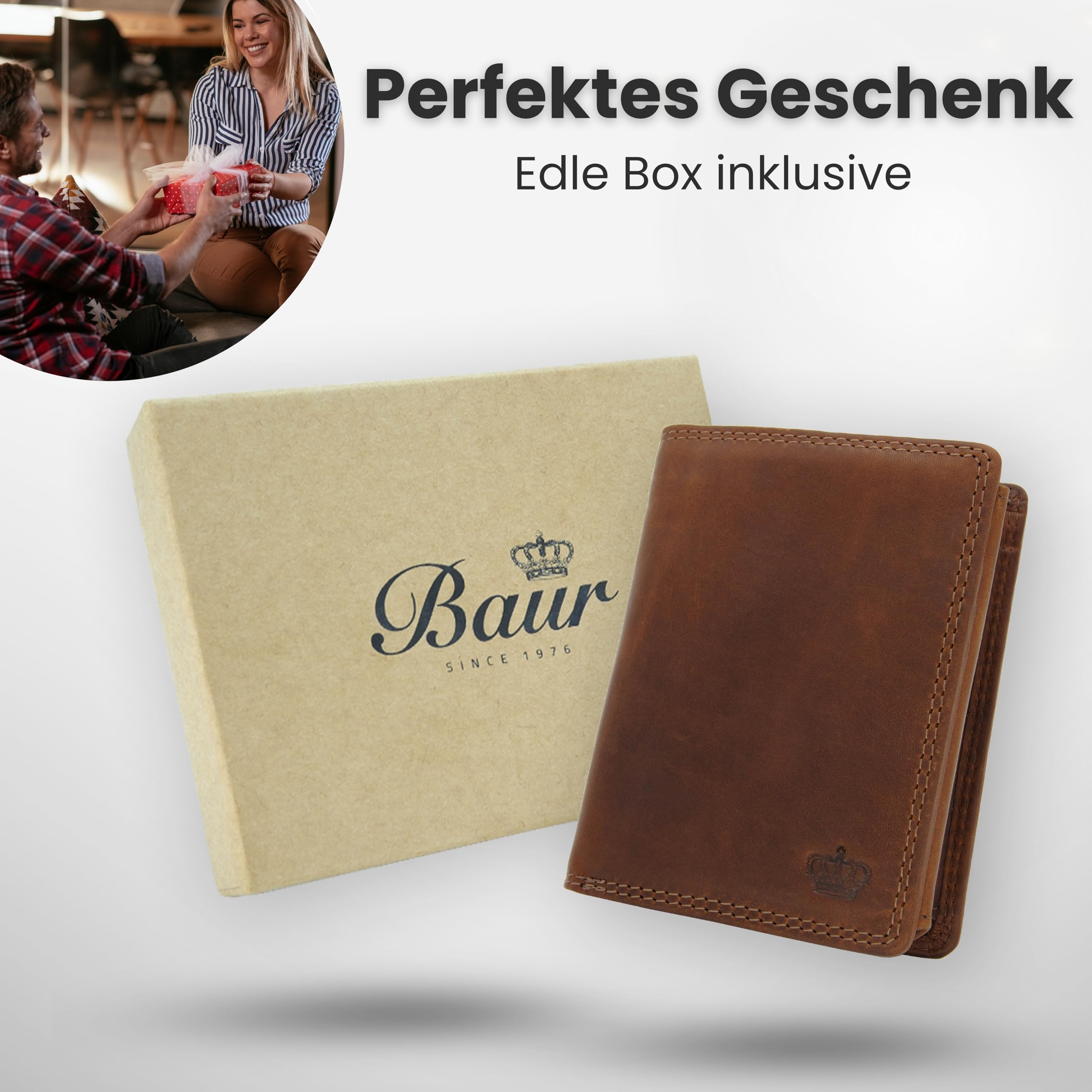 Baur Herren Geldbörse – Echtes Leder mit RFID-Schutz – Großes Vollleder-Portemonnaie im Hochformat mit 12 Kartenfächern – Großes Münzfach (Hochformat mit Druckknopf innen, Dunkel Braun)