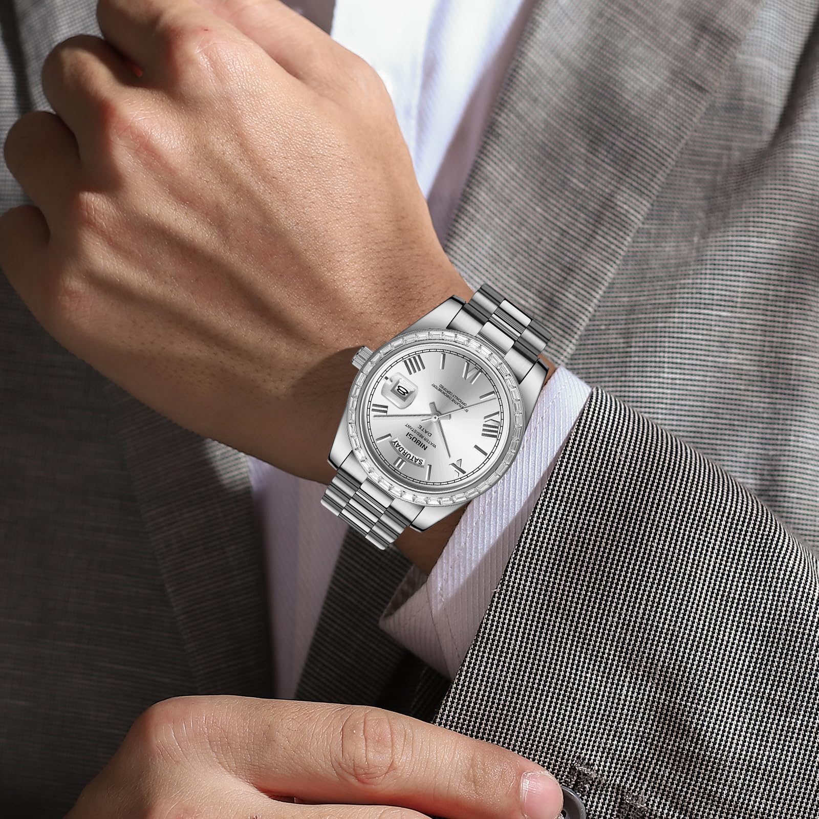 NIBOSI Men's Watches Analog Quartz Diamond Bezel Stainless Steel Dial Rose Gold Silver Watches for Men Waterproof Business Classic Dress Wrist Watch with Day Date