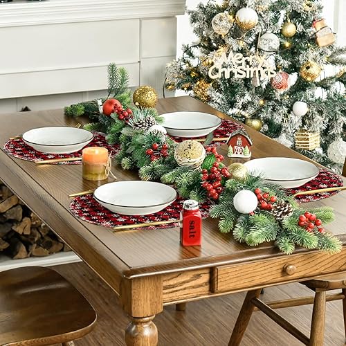 Miniatura 5 de Artoid Mode Juego de 4 manteles individuales redondos de Navidad con diseño de copos de nieve de búfalo rojo y negro, manteles individuales redondos