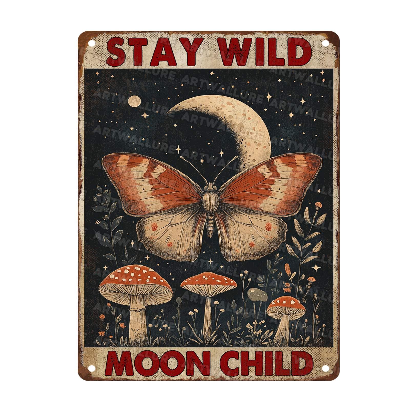 Vintage Mushroom Metal Sign Stay Wild Moon Child Sign Flower Tin Sign Wall Decor for Home Bar Yard Cafe 12x16Inch