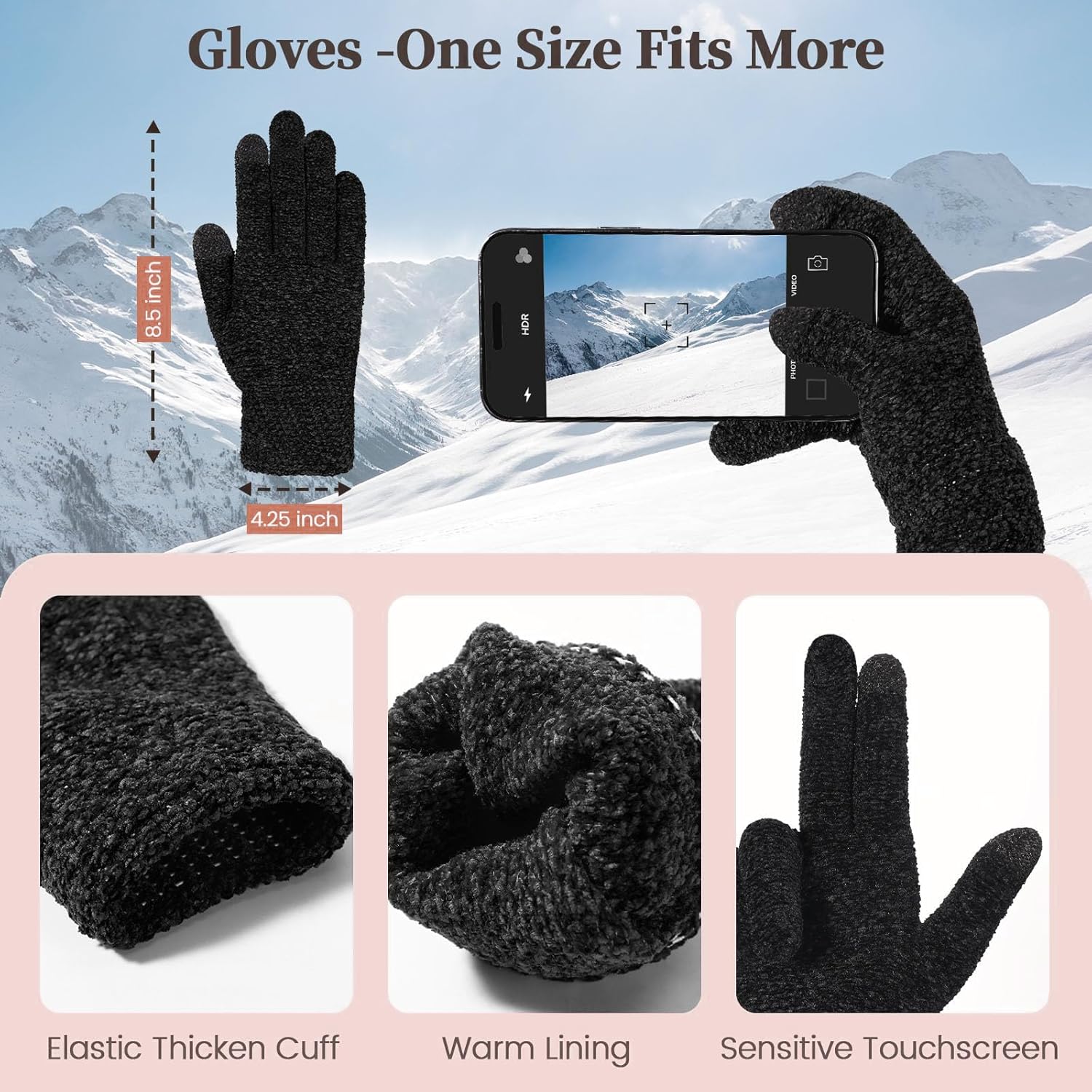 Winter Hat Scarf Gloves Set, 3-in-1 Knit Beanie with Fuzzy Lining, Touch Screen Mittens, Circle Scarf for Men Women - Image 4