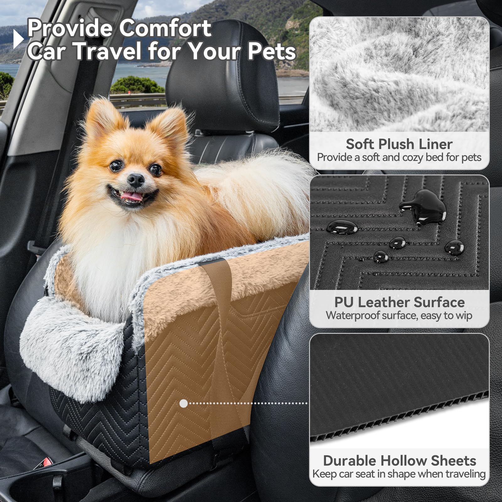 PETSFIT Hundesitz Mittelkonsole Auto, tragbarer Autositz Hund Mittelkonsole mit sicheren Schutzhaken, luxuriöser Hunde Autositz mit verbesserten Sicherheitsgurten für Kleine Hunde bis zu 5KG,Schwarz