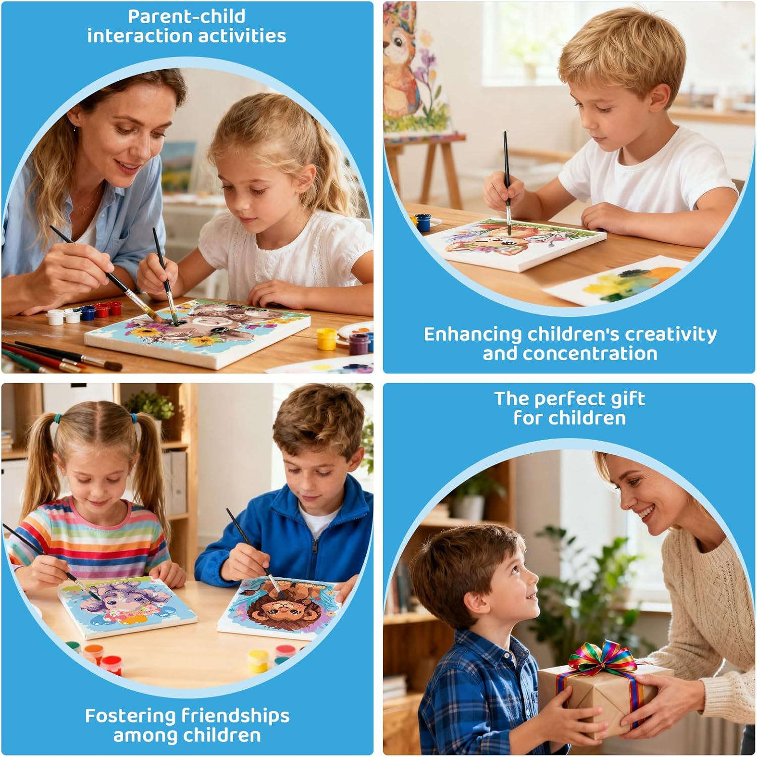 Nariolar 4 Pack Paint by Numbers Kit for Kids Ages 4-8 with 8X8 inch Pre-Printed Canvas,Acrylic Paint Pots and 6 Painting Brushes，Creative Gifts for Kids（Candy Unicorn