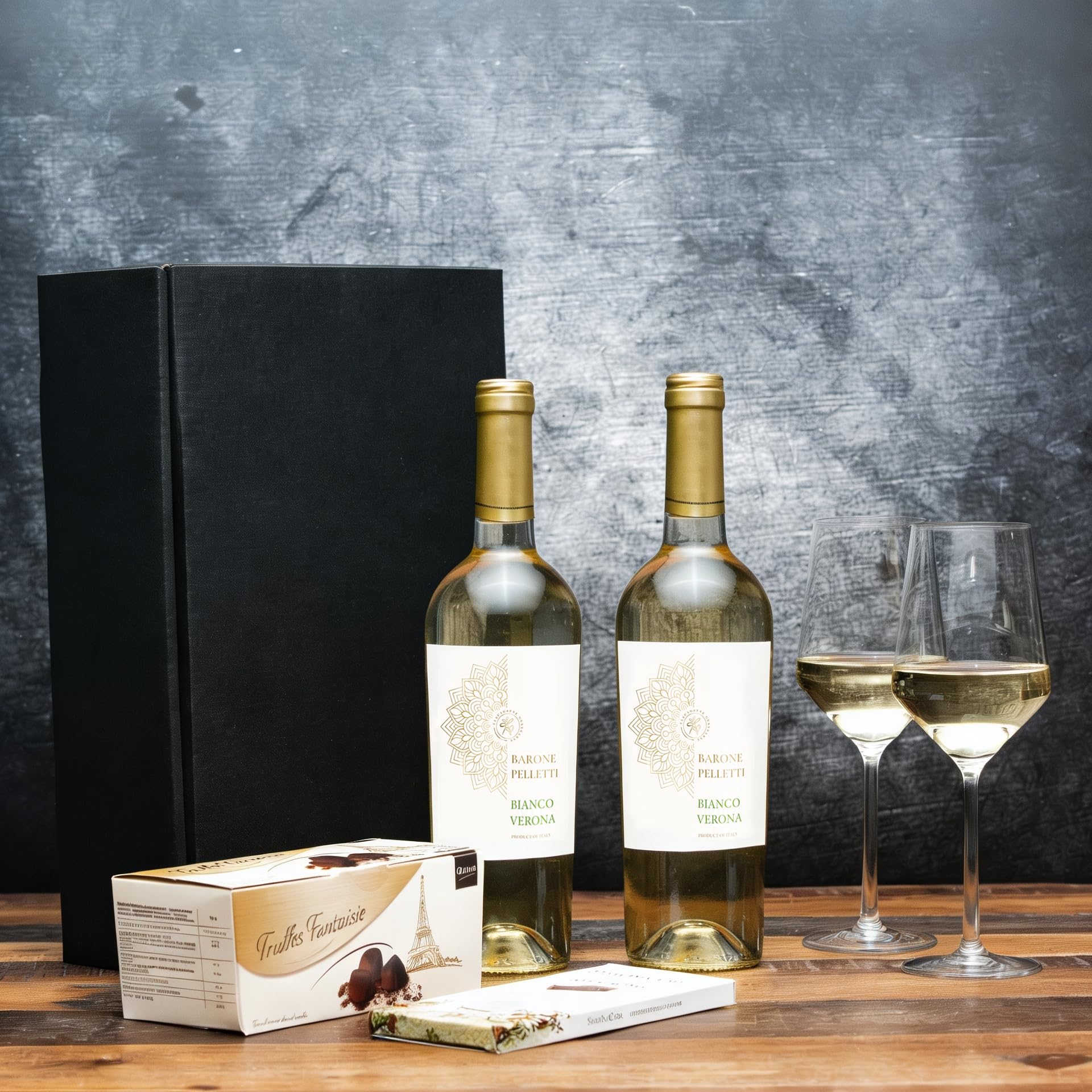 Geschenkset 2 x Weißwein aus Italien (Bianco di Verona Barone Pelletti IGT) mit Schokoladentrüffeln und dunkler Schokolade