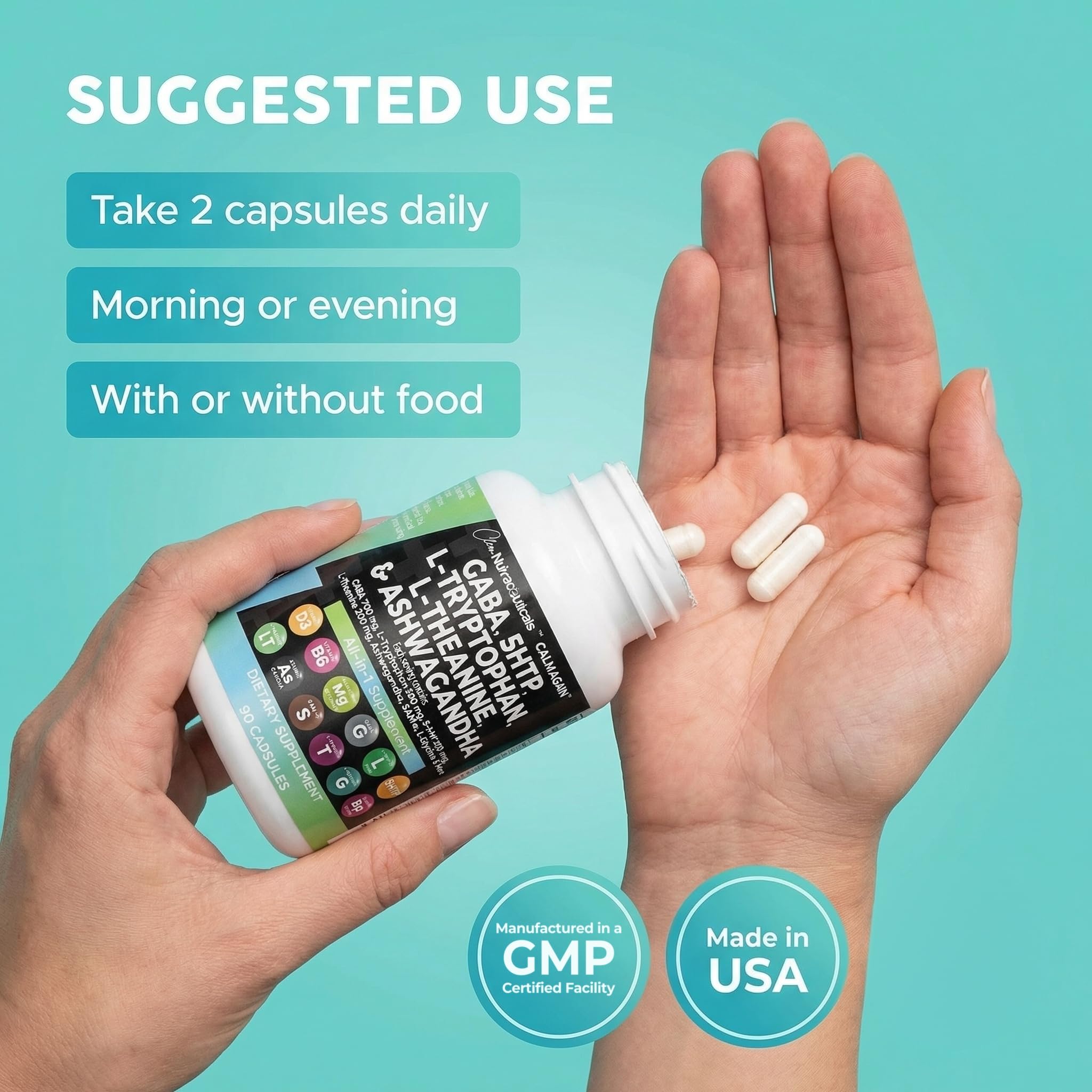 GABA 750mg, 5HTP 200mg Mood Support Supplement, L-Theanine, Ashwagandha — Amazon image 5