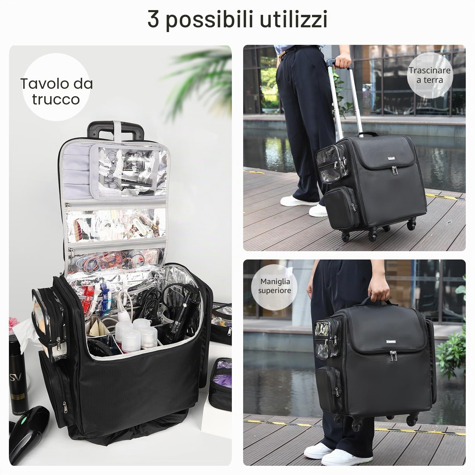 Rolling valigetta cosmetica, parrucchiere borsa da viaggio con 4 ruote, isolamento termico strato completo, divisore regolabile, strumenti per capelli e cosmetici organizer trolley valigia trucco