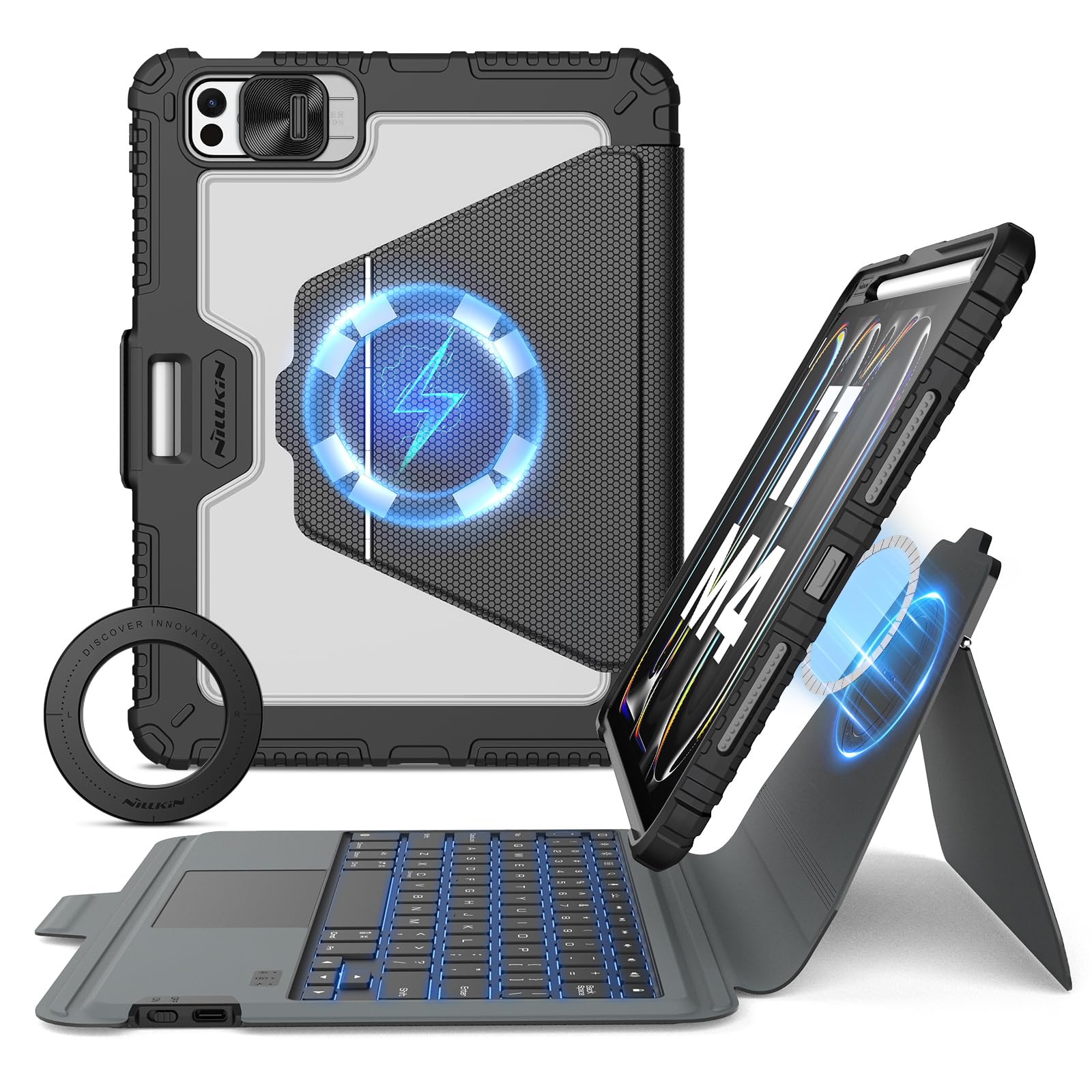 Nillkin for iPad Pro 11 inch (M4, 2024) Magnetic Case, Detachable Backlit Keyboard Stand With Wall Mount and Trackpad (Deep Black)