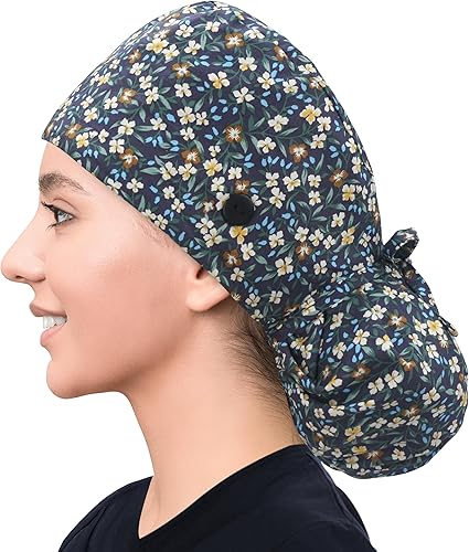 Miniatura 6 de Gorra de trabajo ajustable con botón, gorro de trabajo de algodón, banda para el sudor con bolsillo para cola de caballo, lazo elástico