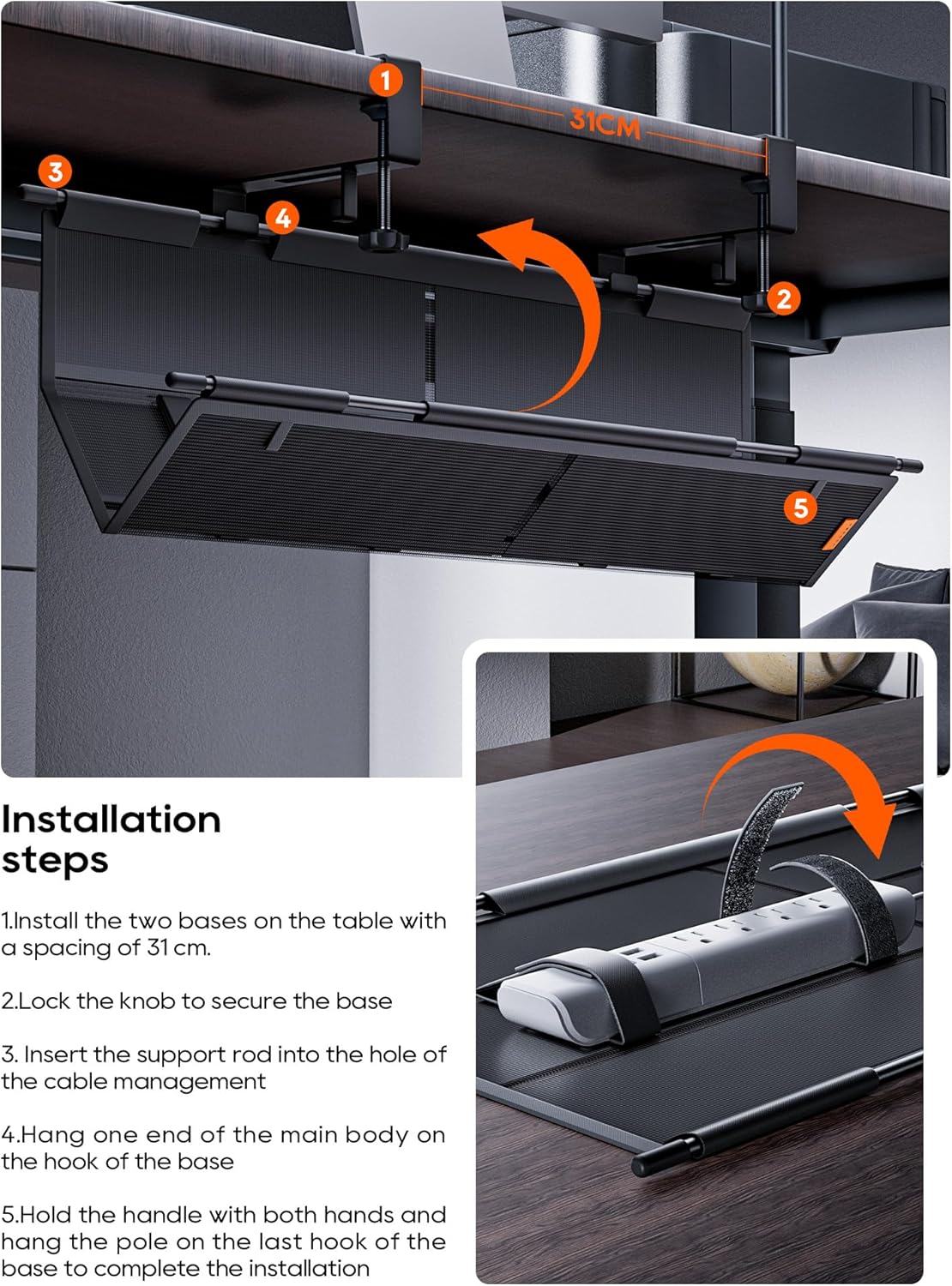 Under Desk Cable Management Tray No Drill, Cable Ties Included, Eco-Friendly Canvas Material, Mesh Design for Heat Dissipation, Cable Organizer/Storage for Standing Desk(27inch, Black)