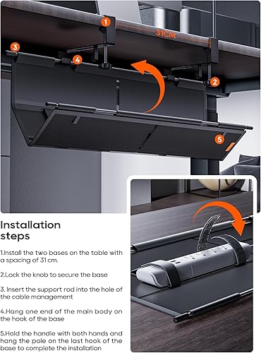 Miniatura 7 de Bandeja de organización de cables para debajo del escritorio, sin taladro, bridas incluidas, material de lona ecológico, diseño de malla para
