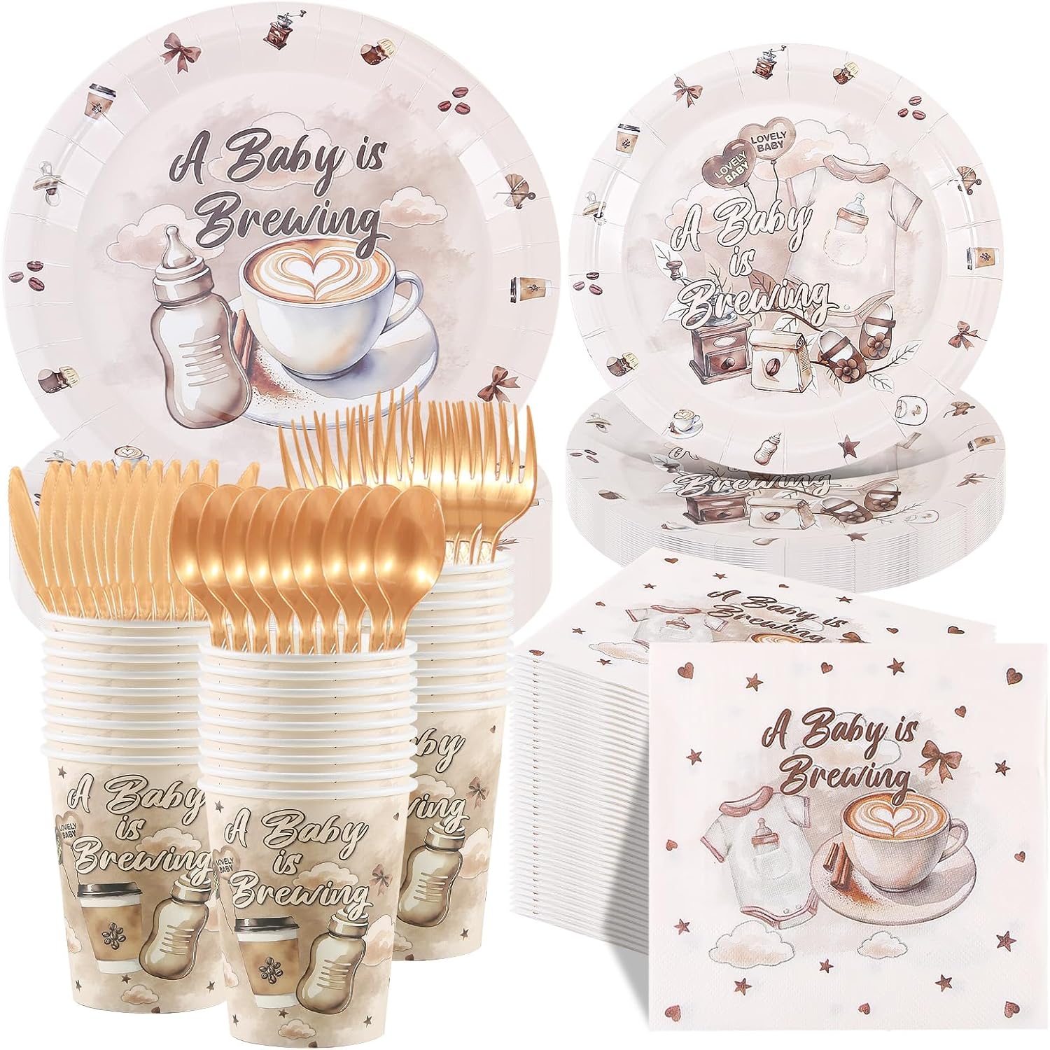 192 Pcs A Baby is Brewing Baby Shower Decorations, Coffee Themed Party Supplies Plates Cups Napkins and Cutlery Coffee Beans Shower Welcome Baby Decorations Serves 24