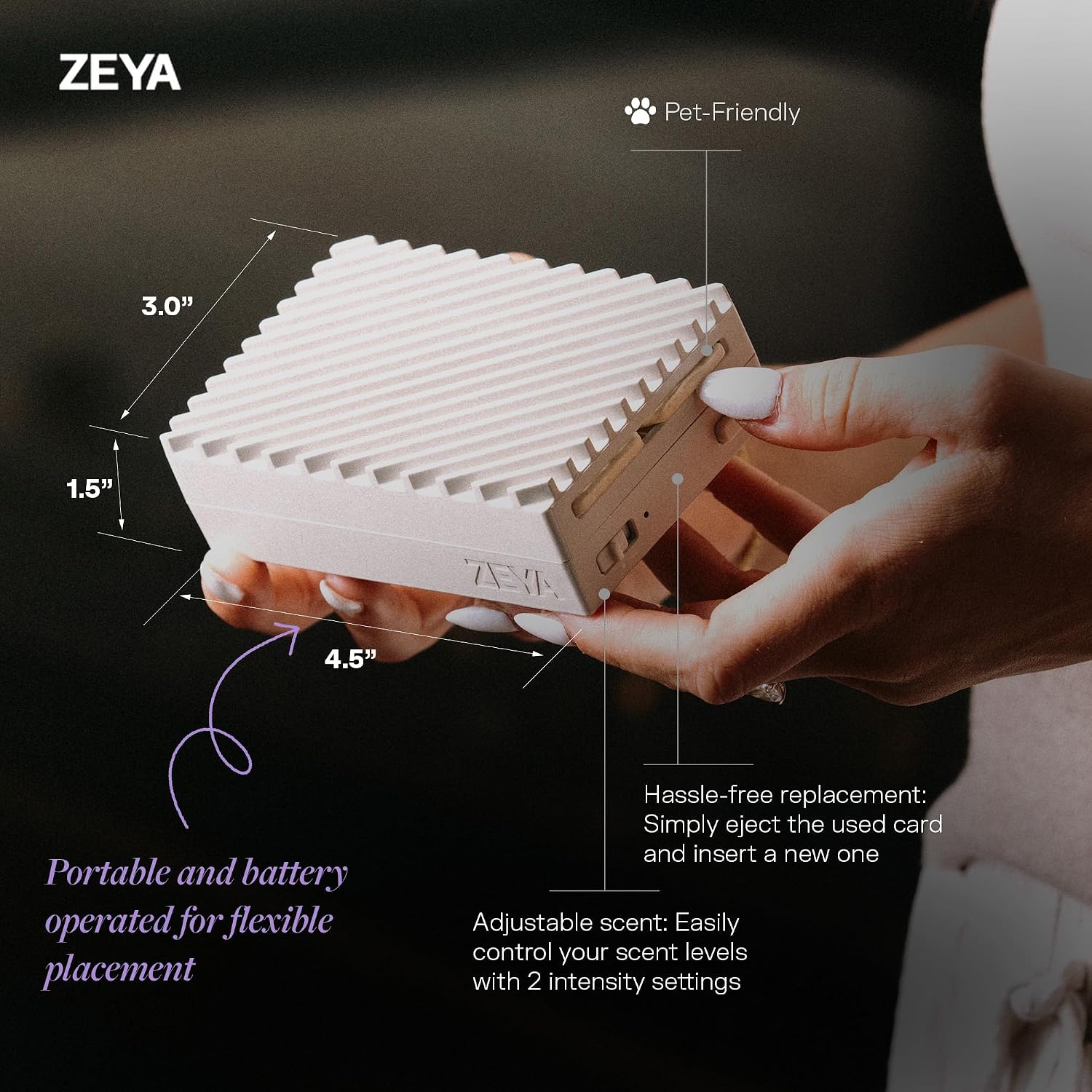 ZEYA - Sampler Bundle - White Portable Fragrance Diffuser for Bedroom, Bathroom, Home Office, Dorm Room & Car Use - 4 Refill Cards