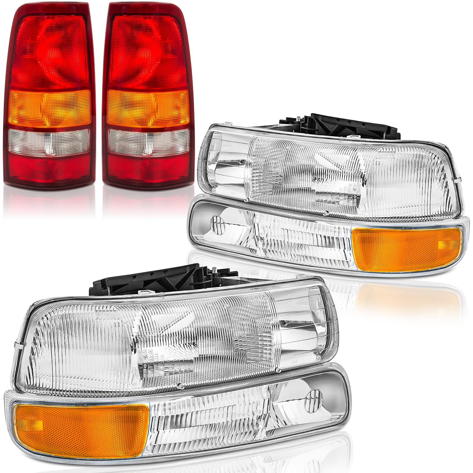 4pcs headlights and taillights assembly combo for 1999 2000 2001 2002 chevy silverado 1500 2500 hd head/rear brake tail lights lamps replacement driver and passenger side,oe factory style