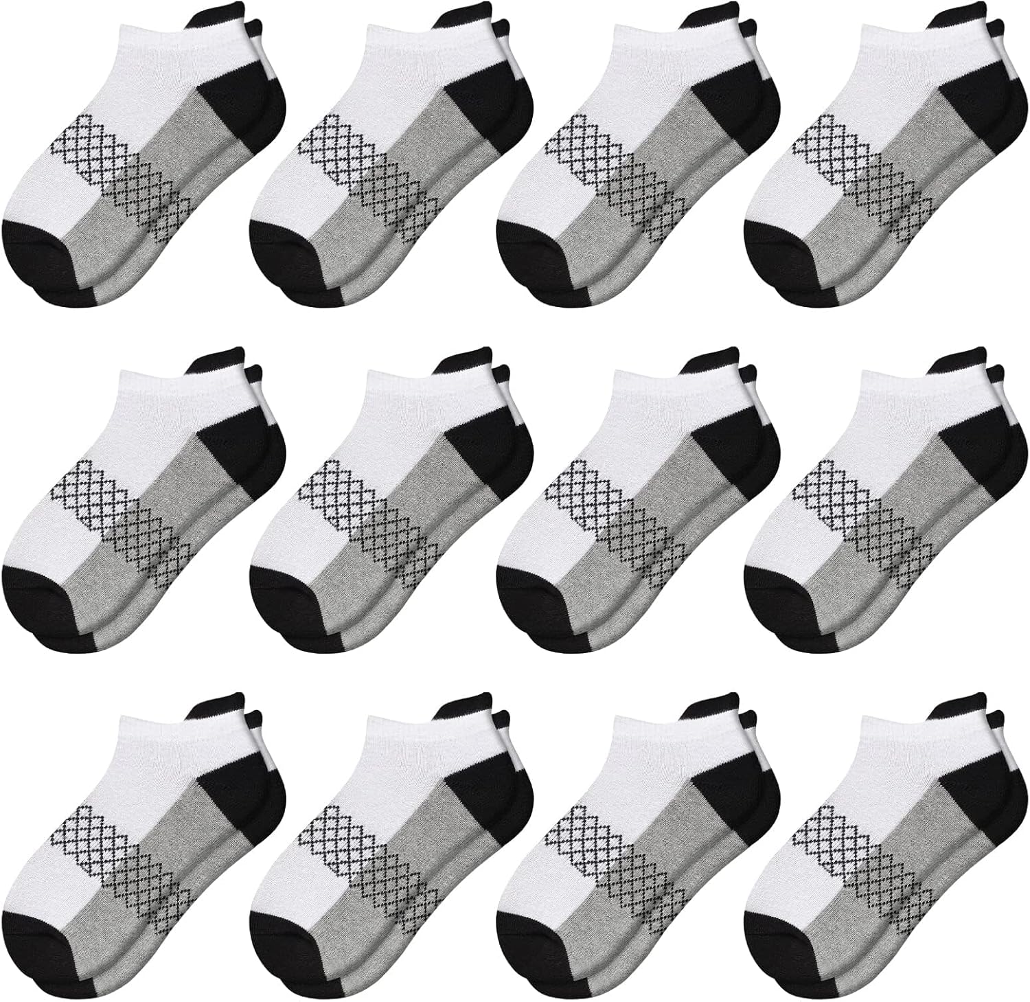 12 Pairs Boys Socks - 4-6, 6-8, 8-10 Years Old - Ankle Athletic Low Cut Socks - Half Cushioned Cotton