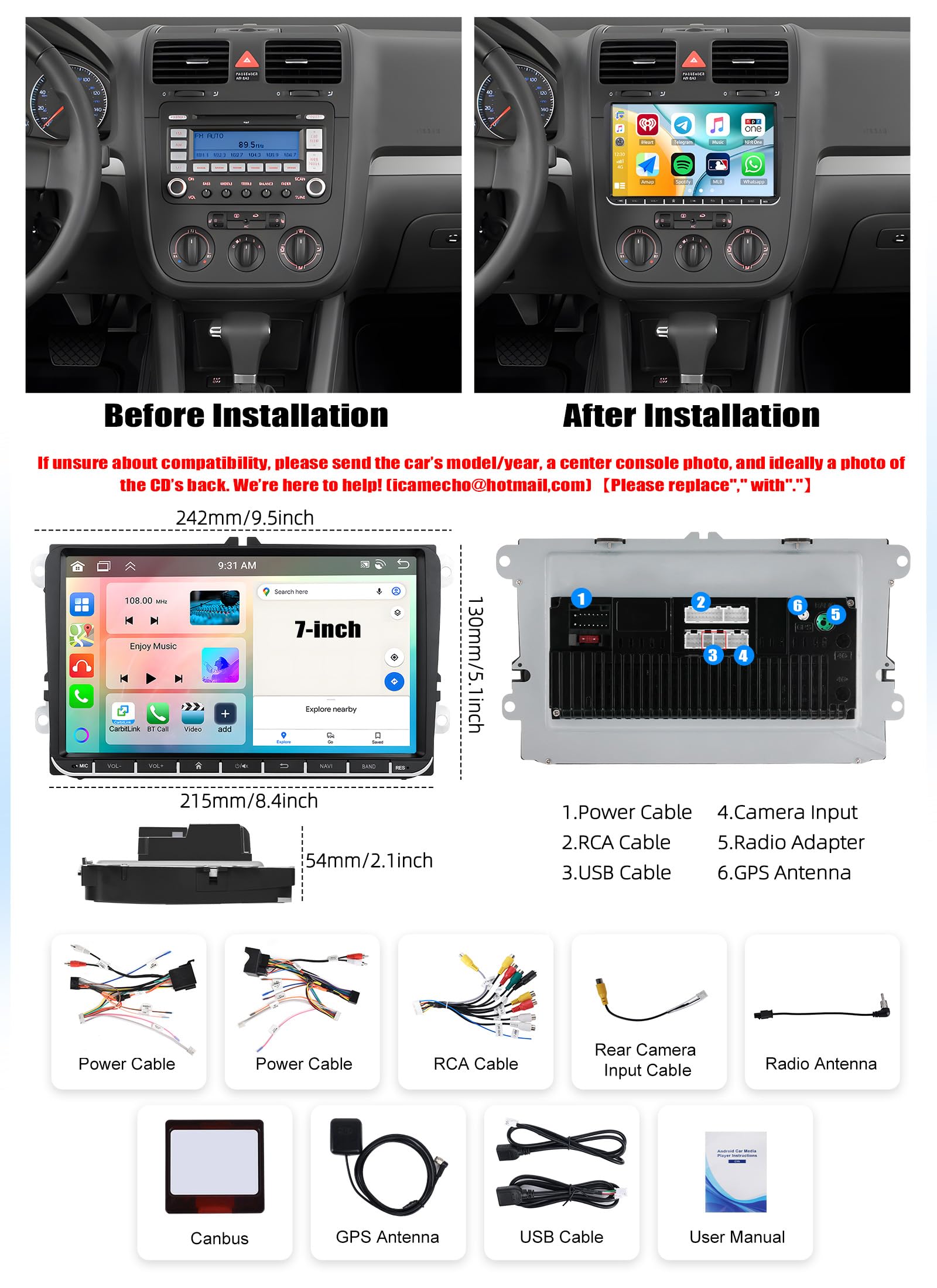 CAMECHO 6+128GB 8 Core Android 15 Autoradio para VW Golf 5 Polo Caddy Skoda con Navi Carplay Android Auto Wireless, Doppel DIN Radio con 9" Touchscreen,Mirror Link RDS/FM Bluetooth 5.0+DSP