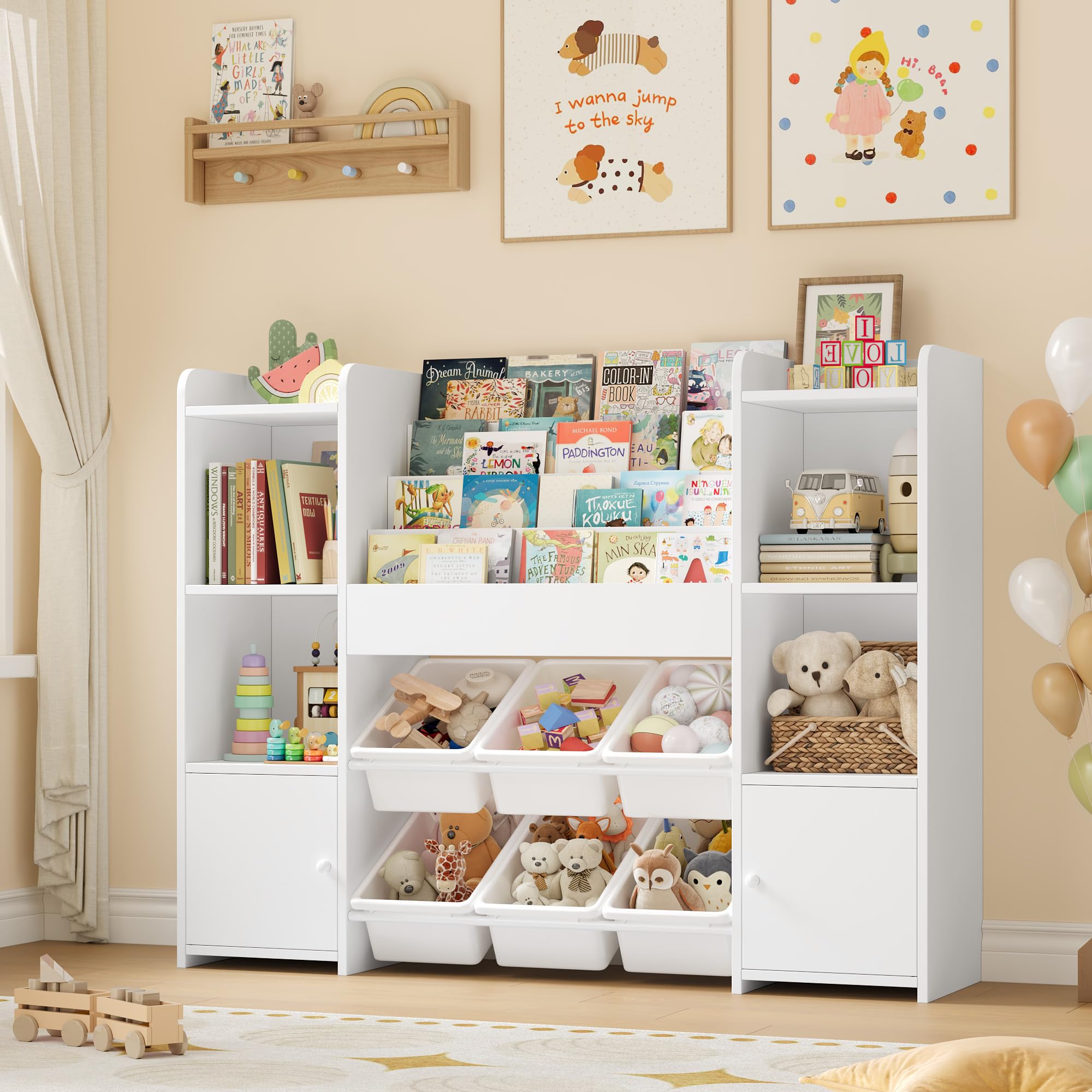 FOREHILL Kinderregal mit Kinderbücherregal Kinderzimmer Möbel aus Holz Bücherregal für Kinder mit Aufbewahrungsbox Kinderschrank mit Spielzeugkiste Kinderregal mit 6 Boxen 119 x 29,5 x 94 cm weiß