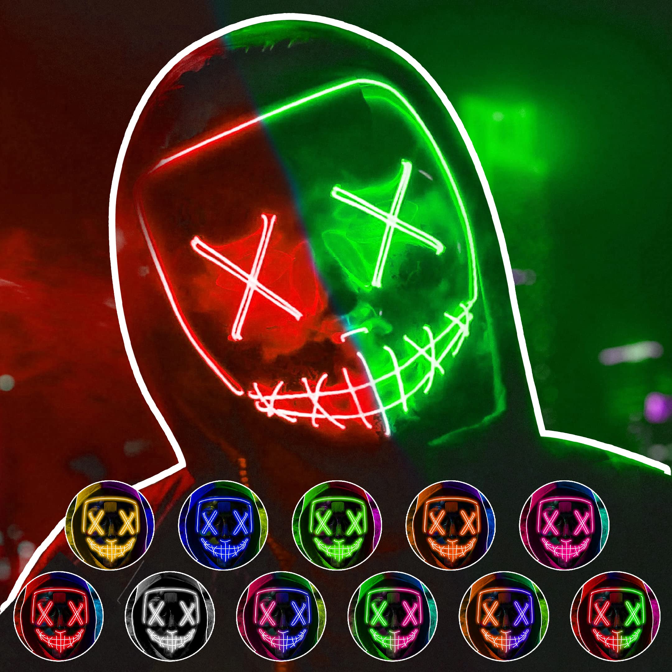 LMS Unisex Halloween Masks, Led Purge Masks Scary Light Up Masks Cosplay Led Halloween Masks for Raves Creepy Mask for Adult. (Red Green)