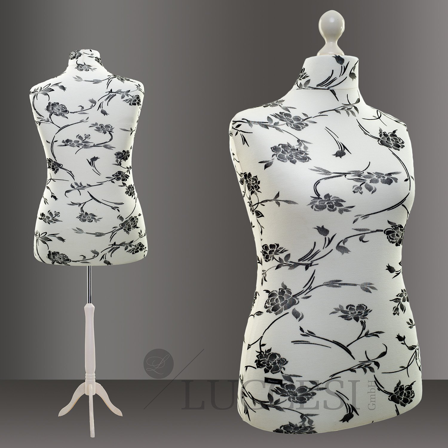 Schneiderpuppe LUCCESI / Größe S - XL (Female) / Torso Size L/XL (42-44) / Bezug Creme-Weiss/florales Muster (schwarz) / Standfuss Weiss / Damen - Schaufensterpuppe