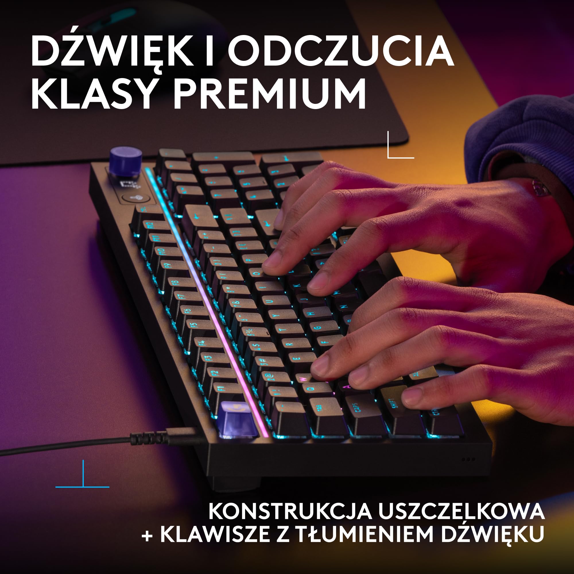 Logitech G G316 X 98, klawiatura do gier, 8 kHz,wymienne sprężynujące przełączniki,konstrukcja uszczelkowa,LED matrycowy & pokrętło,podwójne klawisze PBT,USB-C,RGB LIGHTSYNC,PC, US INT'L QWERTY-Czarny
