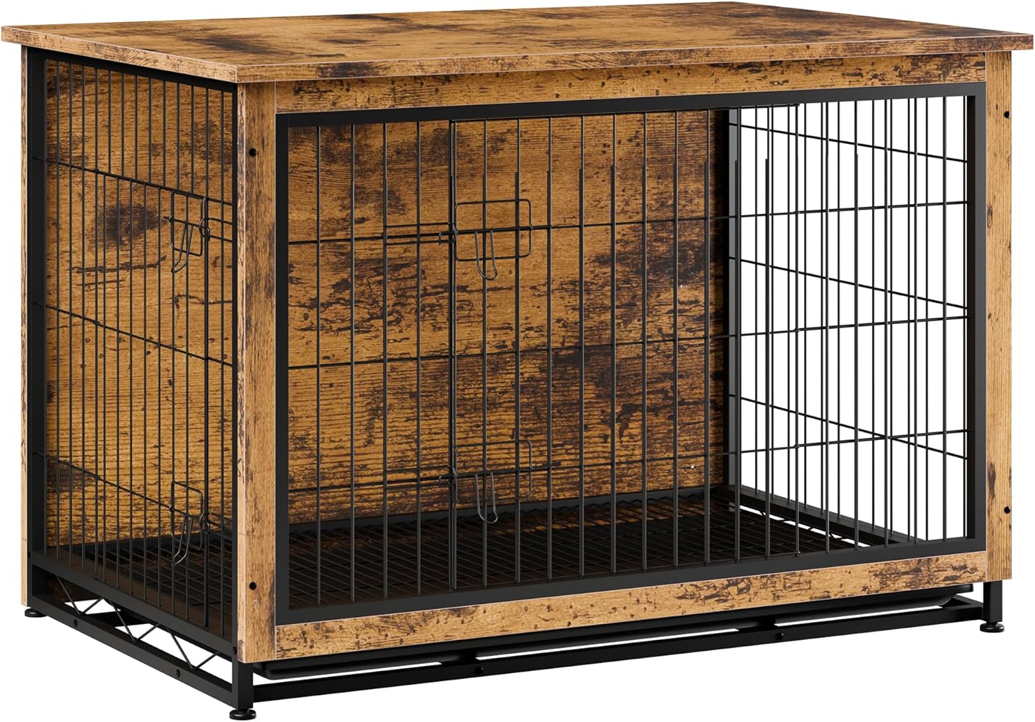 Vongrasig Dog Crate Furniture, Side End Table, Modern Wooden Kennel for Dogs Indoor, Heavy-Duty Dog Cage with Multi-Purpose Removable Tray, Double-Door Dog House, Rustic Brown