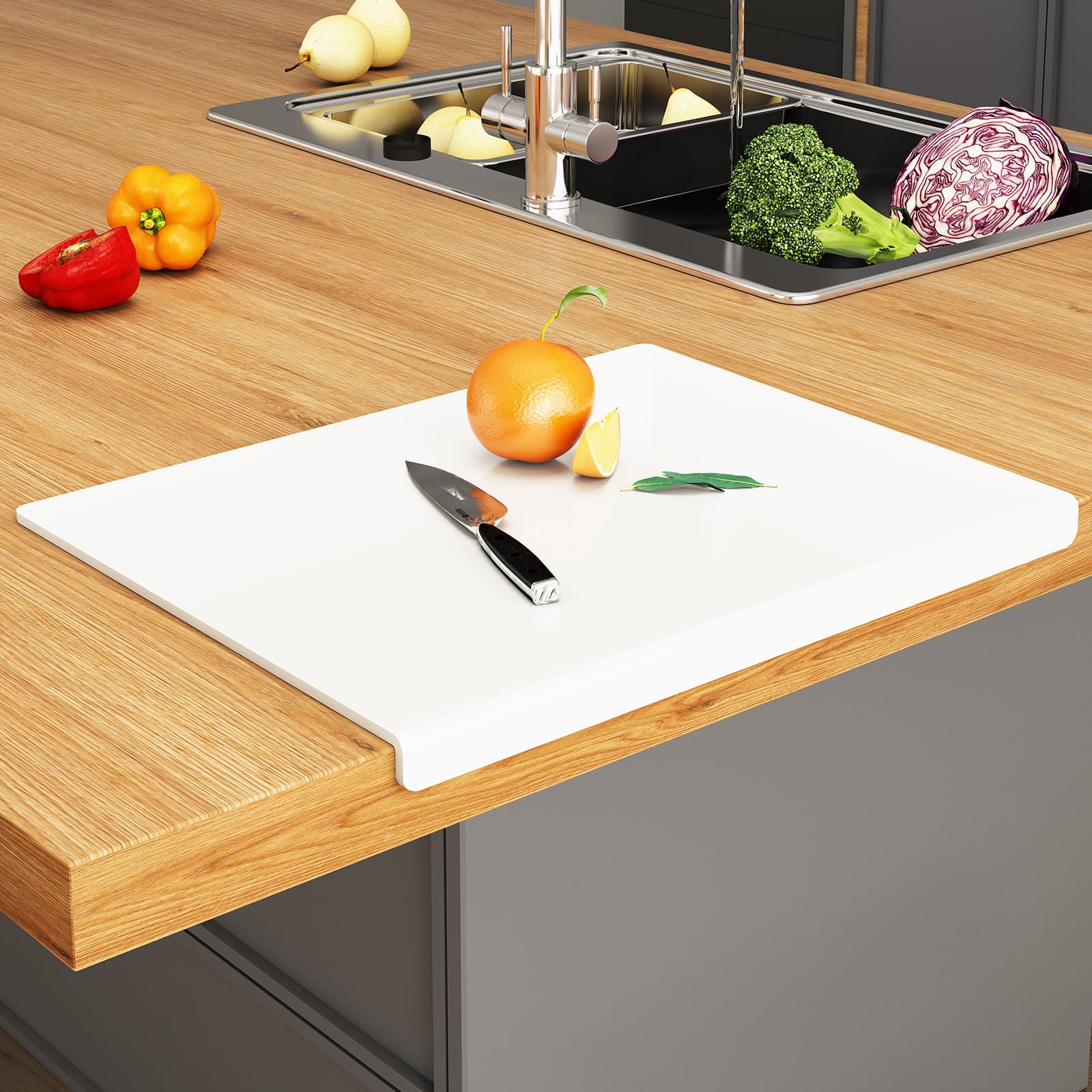 JJL Acryl Schneidebrett mit Thekenlippe 61 x 46 cm - BPA-frei, rutschfest, Weiß - Multifunktional für Brot, Fleisch, Gemüse, Küchendekoration & Geschenk