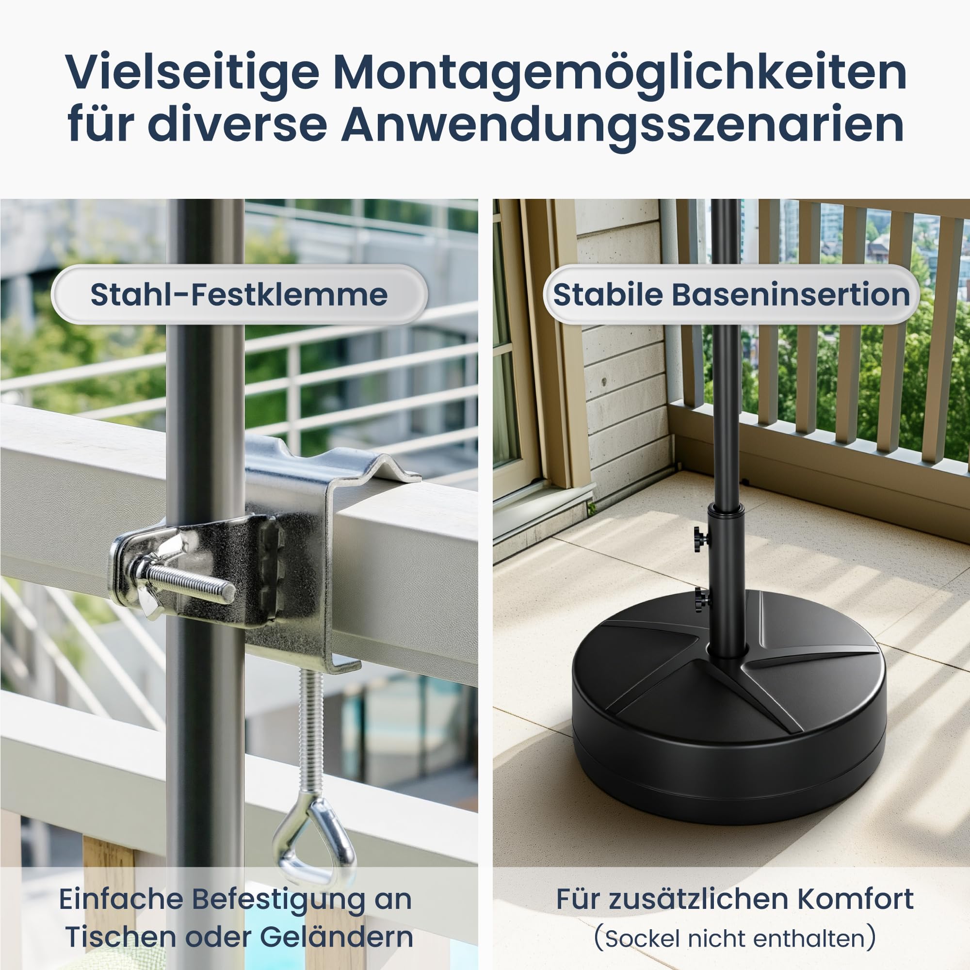 PHI VILLA 180x130cm 360°Drehbar Sonnenschirm mit Hülle & klemme, Aluminium Balkonschirm Höhenverstellbar Windfest Stabil zum Mitnehmen, UV50+ Schutz für Balkon Terrasse Balkongeländer Tisch