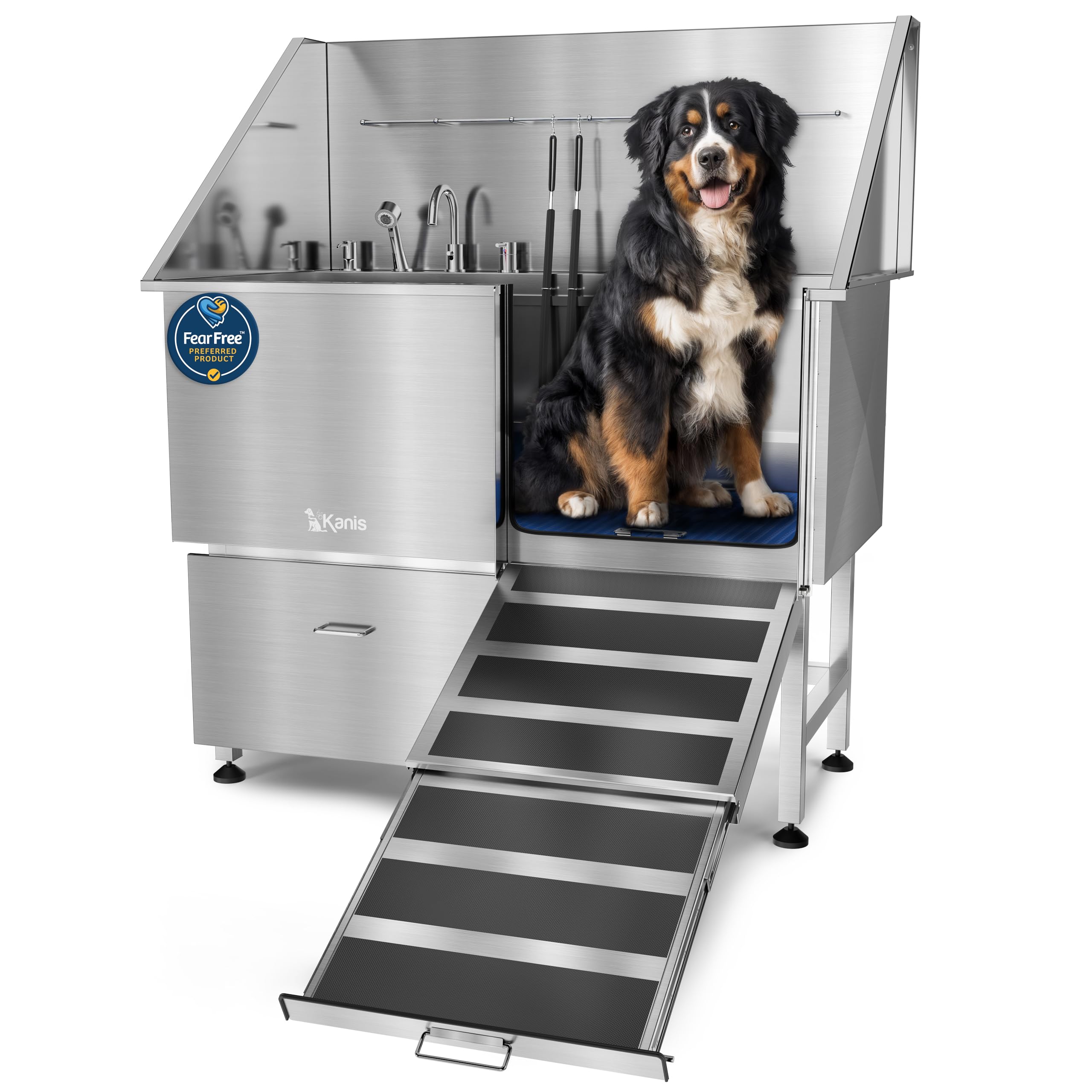 KANIS Professional Dog Washing Station - 304 Stainless Steel Pet Wash Sink & Grooming Bathtub w/Shower, Floor Grates and Storage for Large, Medium & Small Pets (50", 1 Drawer - Right Ramp)