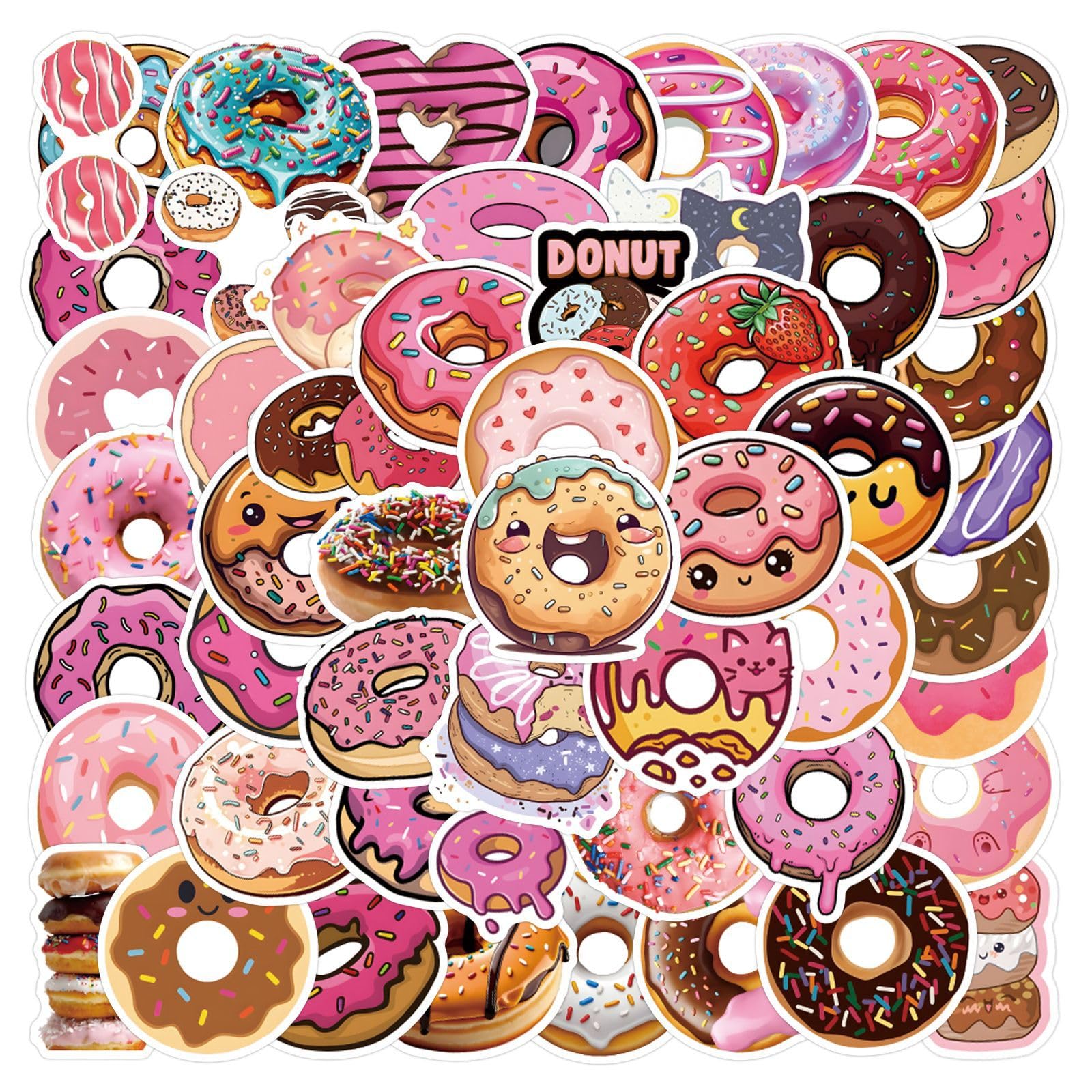 55Pcs Cute Donut Stickers for Kids, Party Decorations,Delicious Food Foods Party Favors,Vinyl Waterproof Decals for Water Bottles Laptop Cellphone Suitcase Skateboard Guitar (Donut)