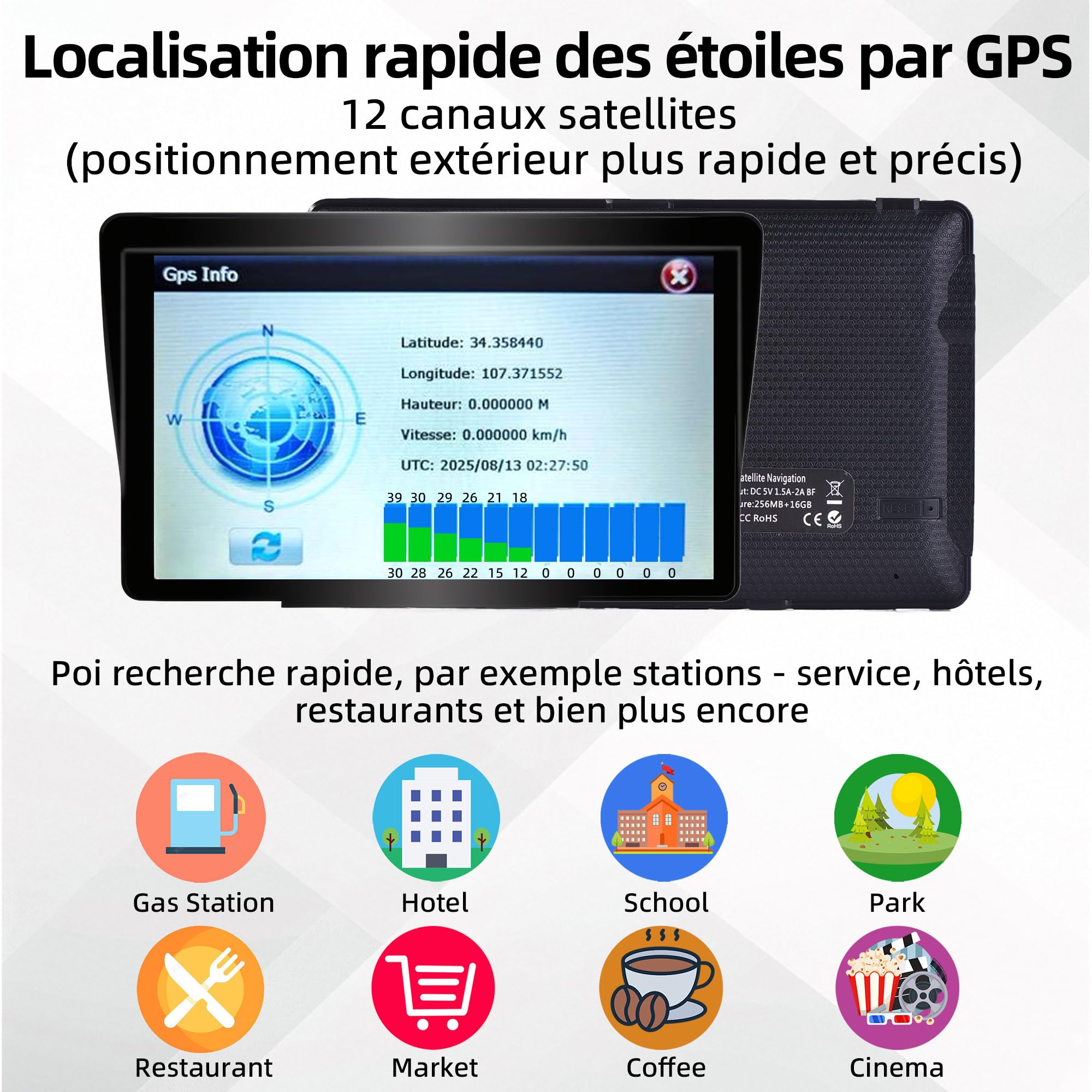 GPS Auto, Mappa dell'Europa 2025, 7 Pollici/18 CM, Navigazione Offline, Aggiornamenti gratuiti, Voci reali, Avviso Velocità & Poi, Francese Regolabile, per GPS Pesi Pesanti/Camping-Car/Camion,3D