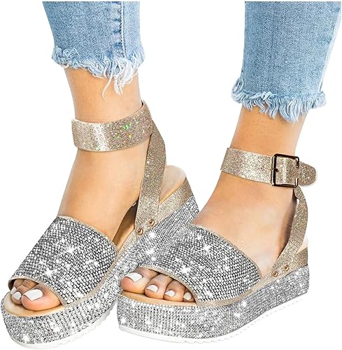 Miniatura 5 de Fululuer Sandalias Wedgr con correa de hebilla para mujer, con diamantes de imitación, zapatos de verano para exteriores, sandalias con soporte de