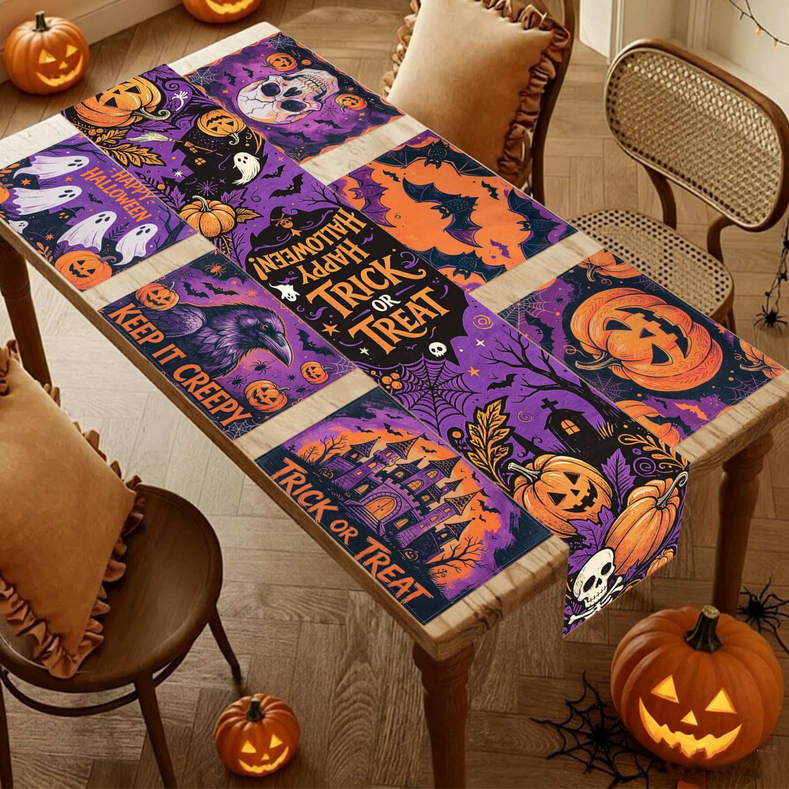 Chemin de table Halloween et 6 sets citrouilles fantômes