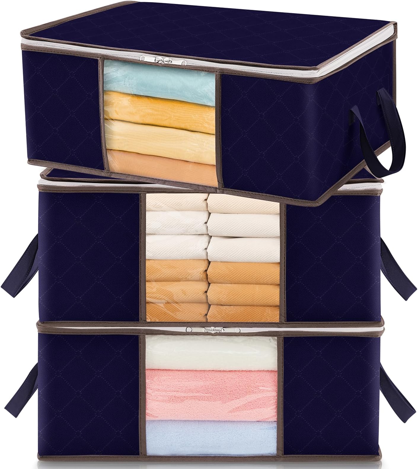 Lifewit 35L Clothes Storage Bag Foldable Storage Boxes with Lids Underbed Wardrobe Storage Organiser with Sturdy Fabric Clear Window for Clothing Bedding Sweaters T-shirts Blankets, 3 Pack, Blue