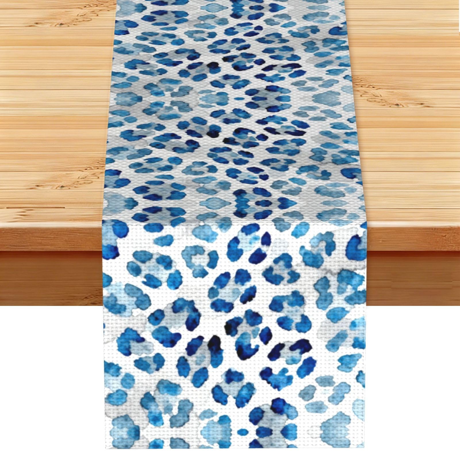 Blue leopard print Linen Look Table Runner 13x72-Wrinkle Resistant Farmhouse Style for Dining Table Decor