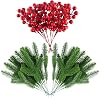 CHRORINE 36 Pcs Artificial Pine Leaves and Artificial Red Berry Set for Christmas Holiday DIY Crafts Home Decor Christmas Wreath Decoration
