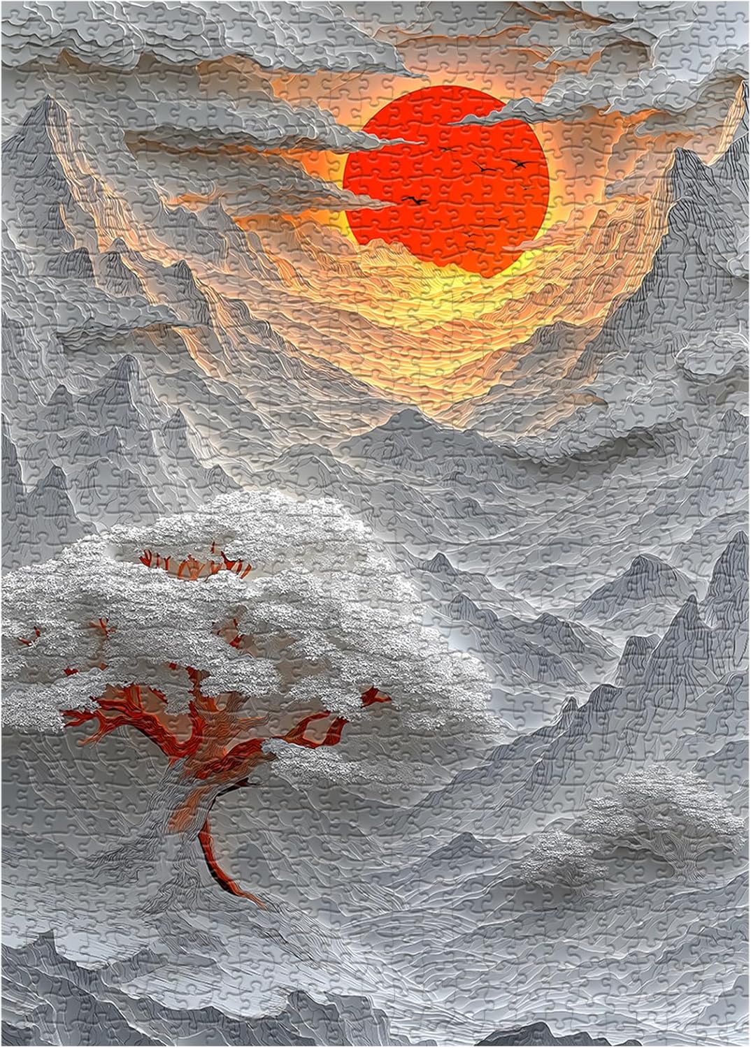 Sunset Landscape Puzzles for Adults 1000 Pieces, Red Sun Mountain Clouds Scene Puzzle, Challenging Paper Cut Art Nature Themed Jigsaw Puzzle Trees Sunrise Scenic, Impossible Difficult Hard for Adults