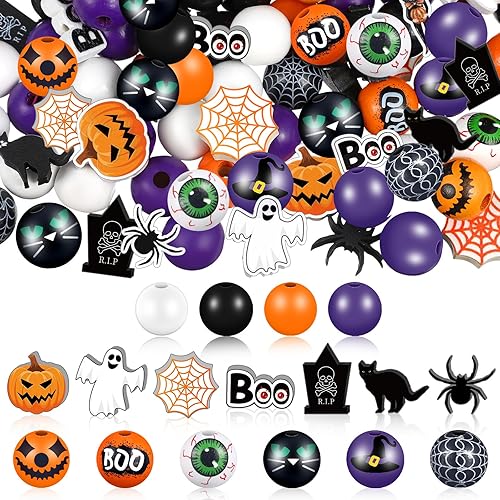 Tradder 200 cuentas de madera de Halloween, calabaza, naranja, calabaza, araña, gato negro, cuentas para Halloween, decoración del hogar,